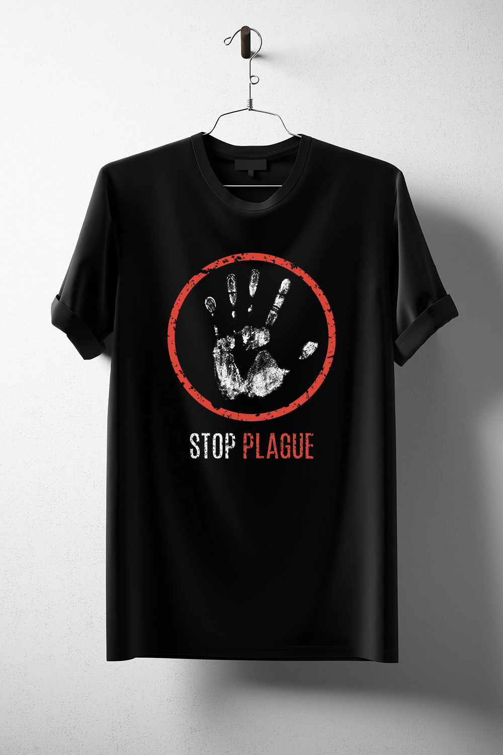 A stylish unisex Stop Plague T-Shirt made from soft ring-spun cotton, showcasing its comfortable fit and unique design.