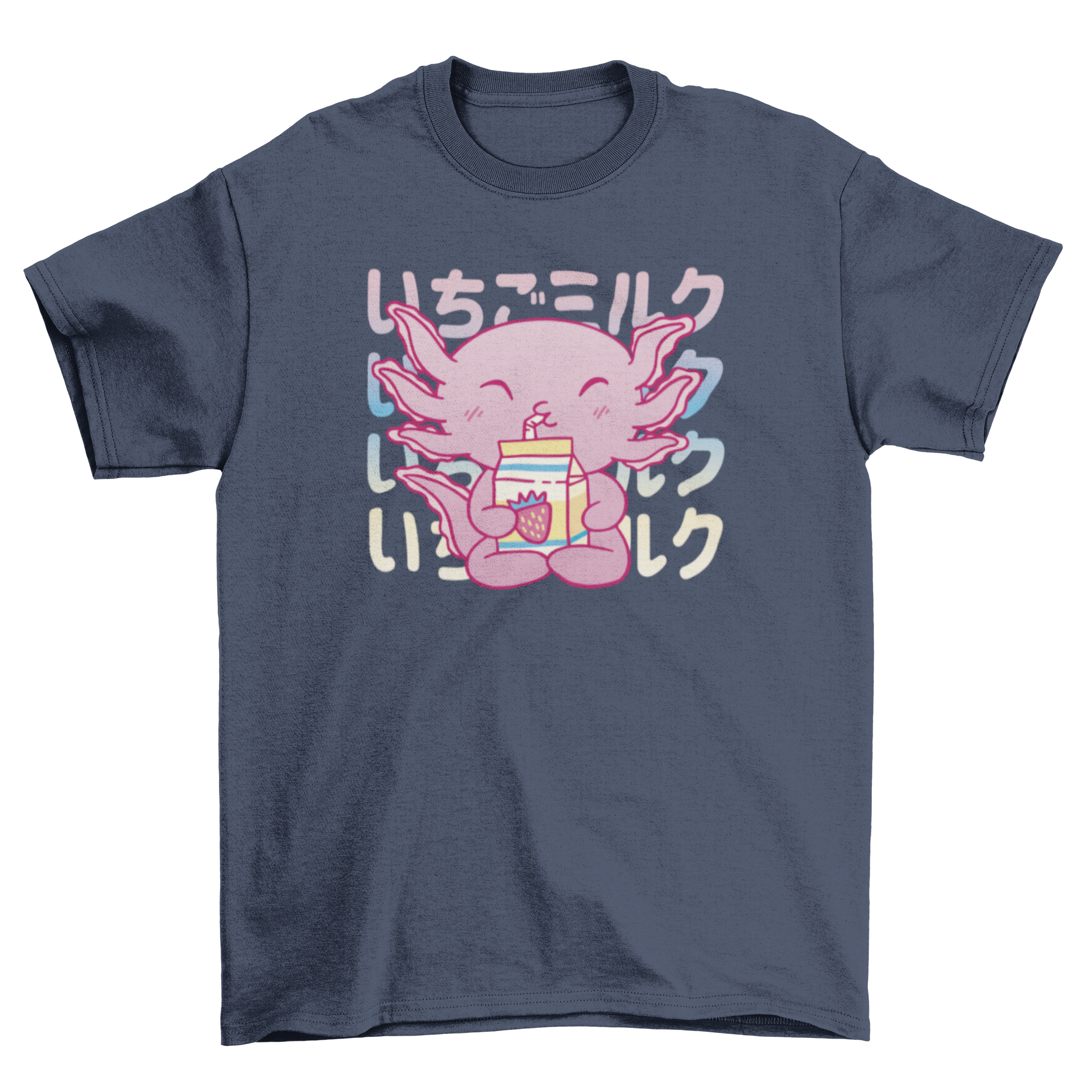 A colorful t-shirt featuring a baby axolotl drinking strawberry milk, showcasing a playful and vibrant design.