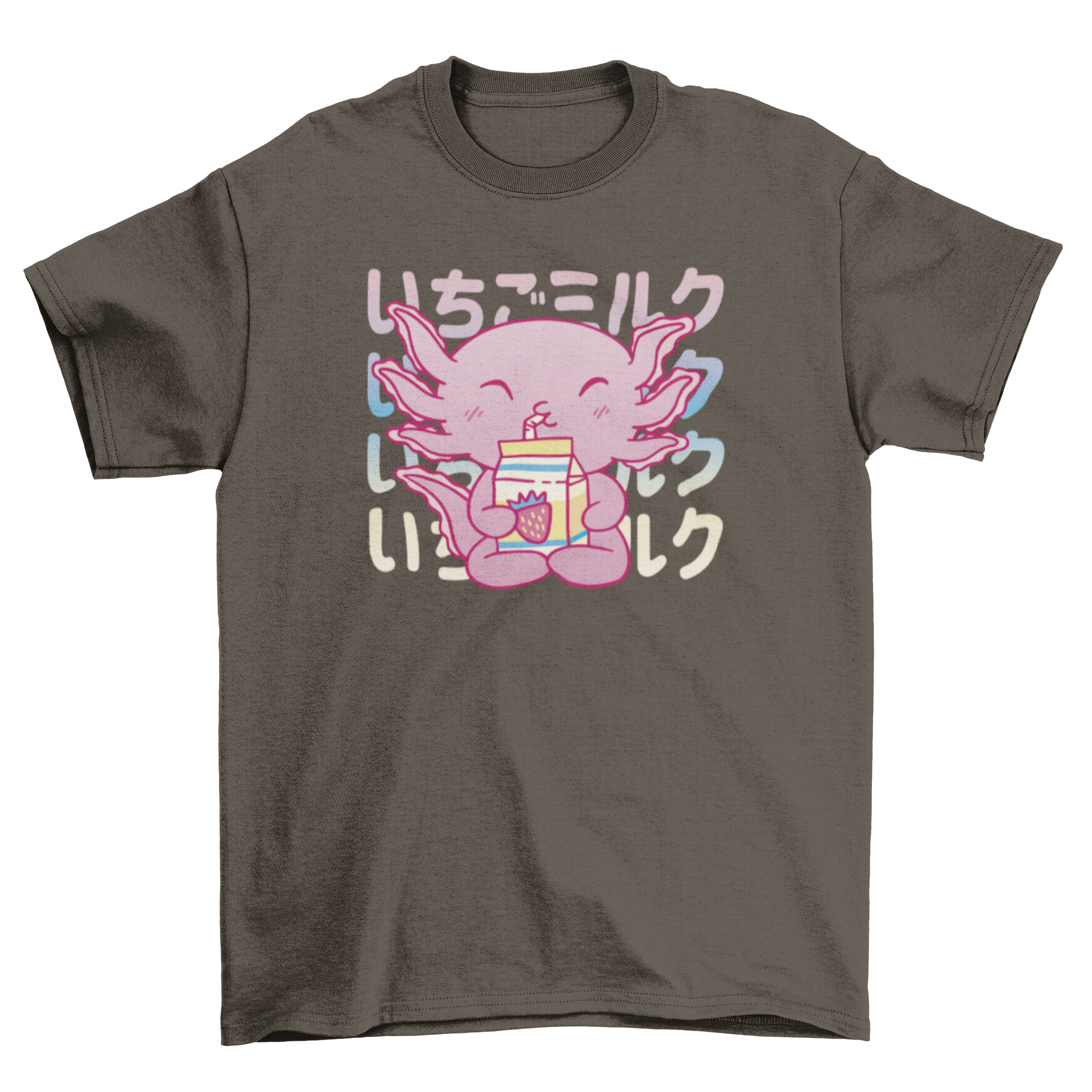 A colorful t-shirt featuring a baby axolotl drinking strawberry milk, showcasing a playful and vibrant design.