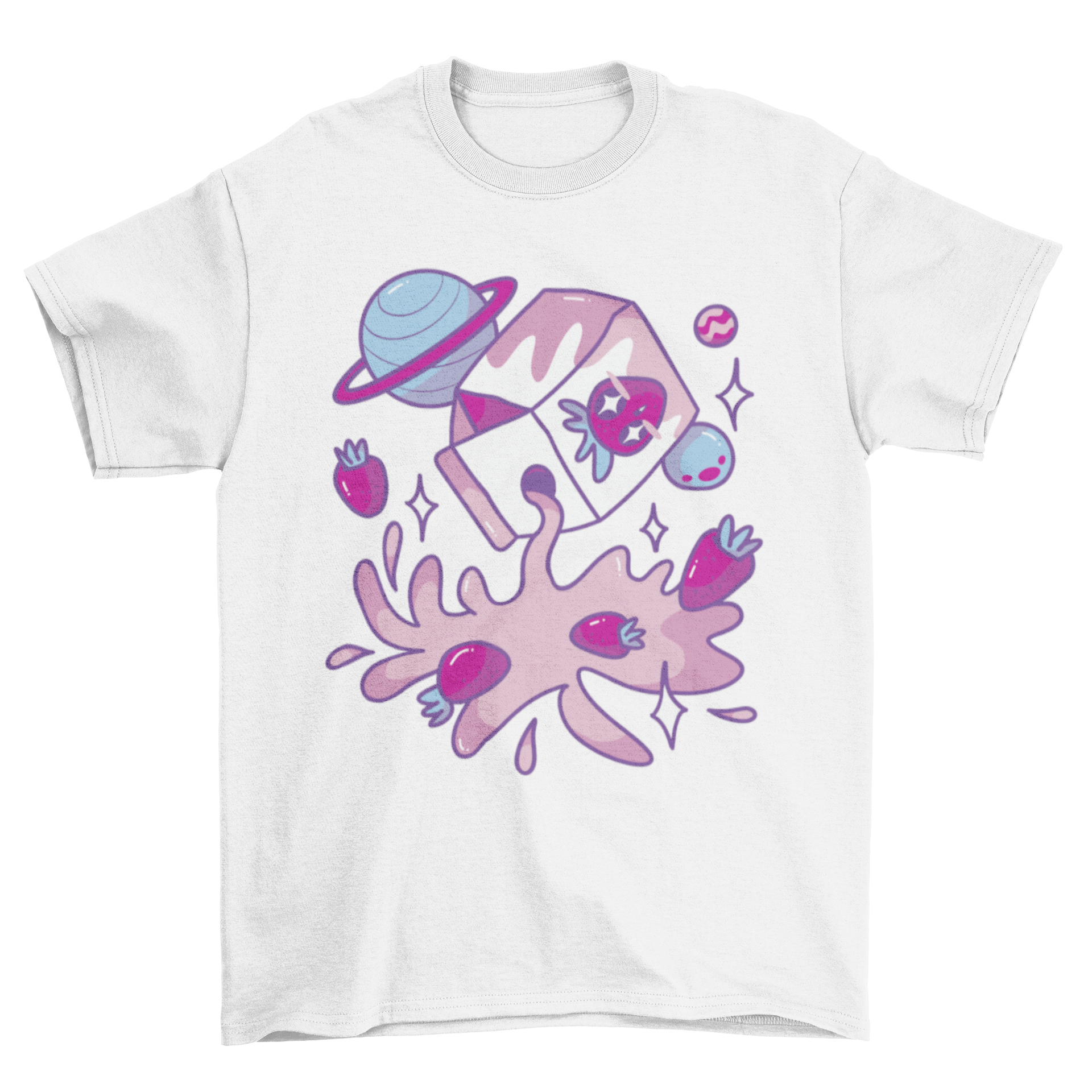 A stylish t-shirt featuring a whimsical design of a box of strawberry milk surrounded by colorful planets in space.