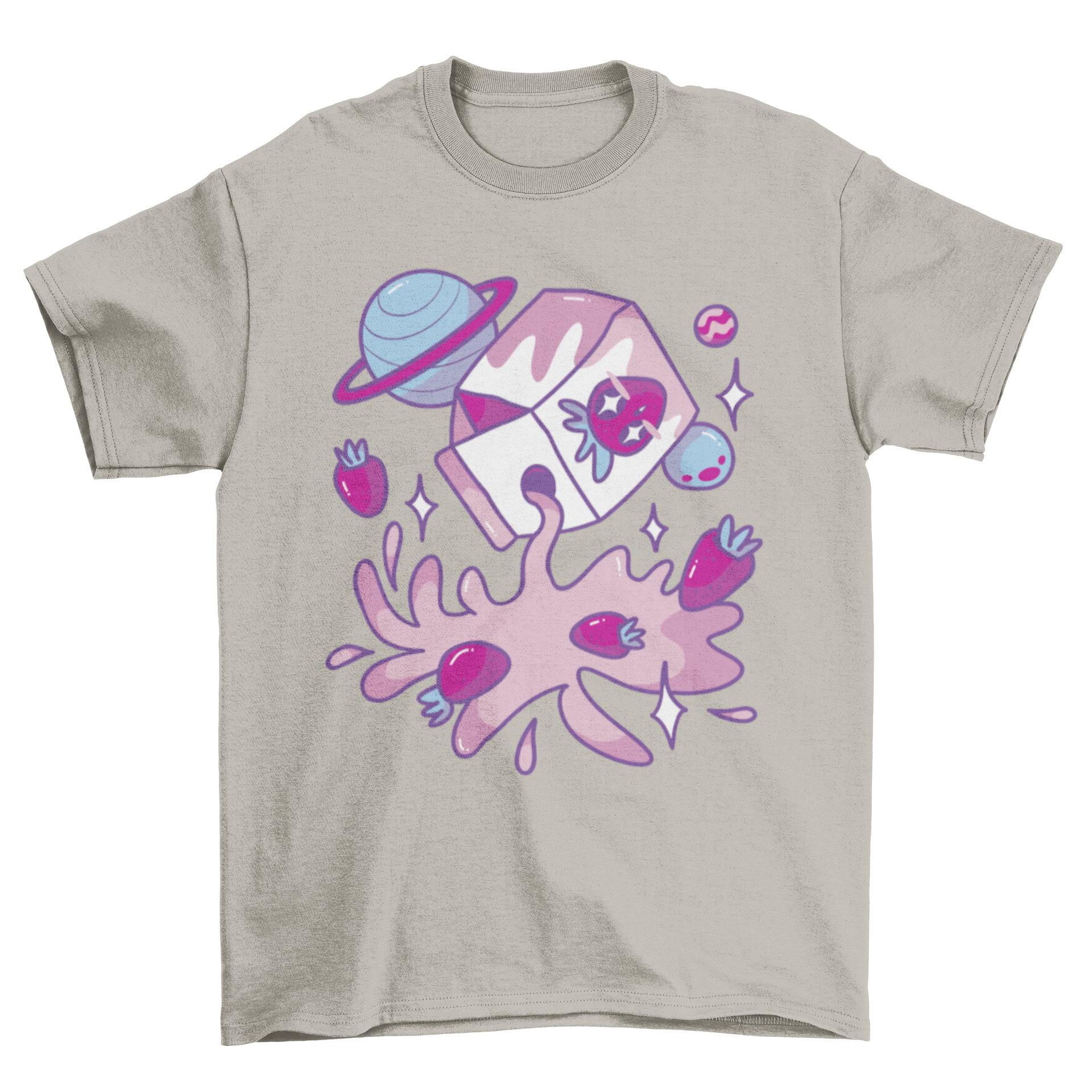 A stylish t-shirt featuring a whimsical design of a box of strawberry milk surrounded by colorful planets in space.