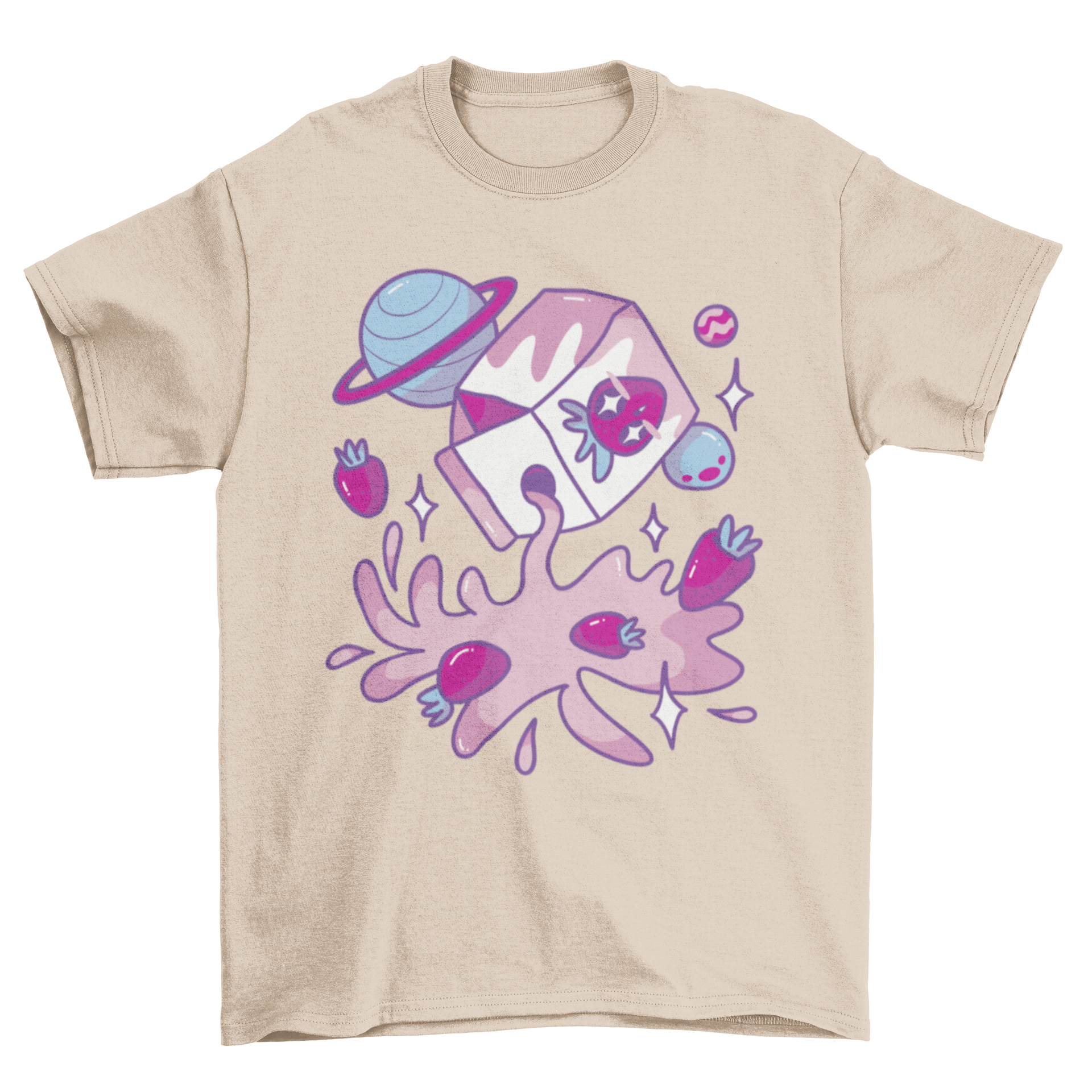 A stylish t-shirt featuring a whimsical design of a box of strawberry milk surrounded by colorful planets in space.