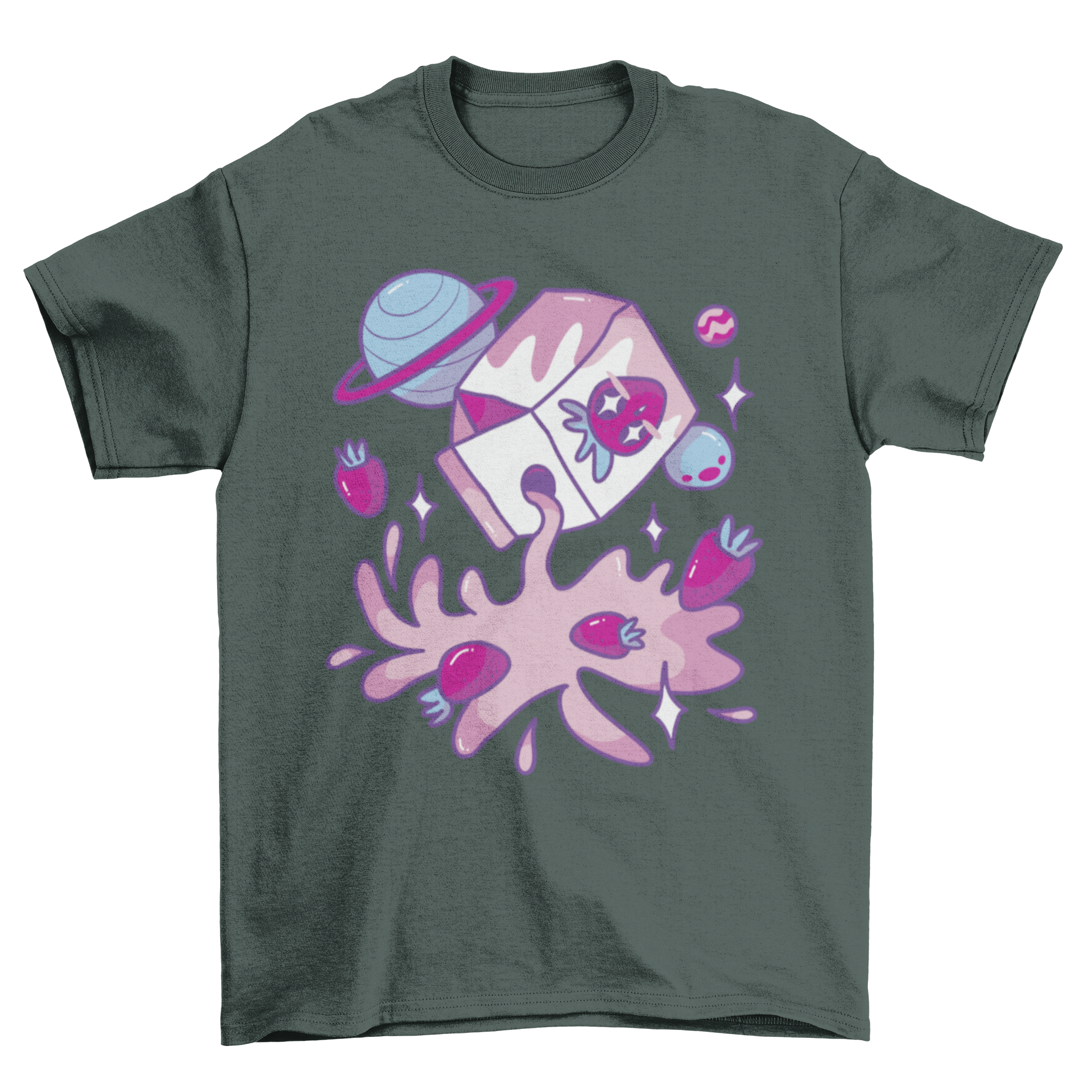 A stylish t-shirt featuring a whimsical design of a box of strawberry milk surrounded by colorful planets in space.