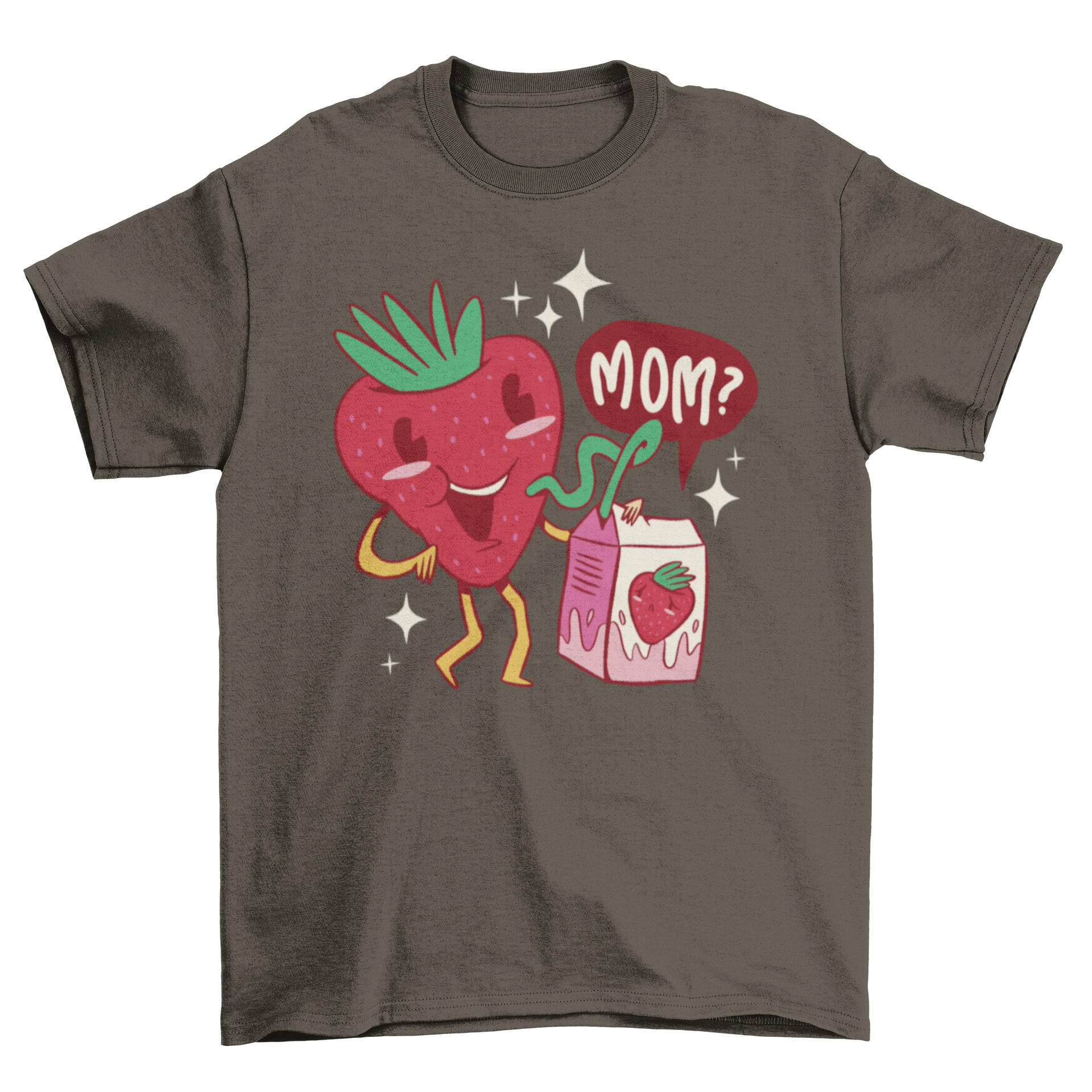 A playful t-shirt featuring a strawberry and a strawberry milk box asking 'Mom?' in a vibrant and colorful design.