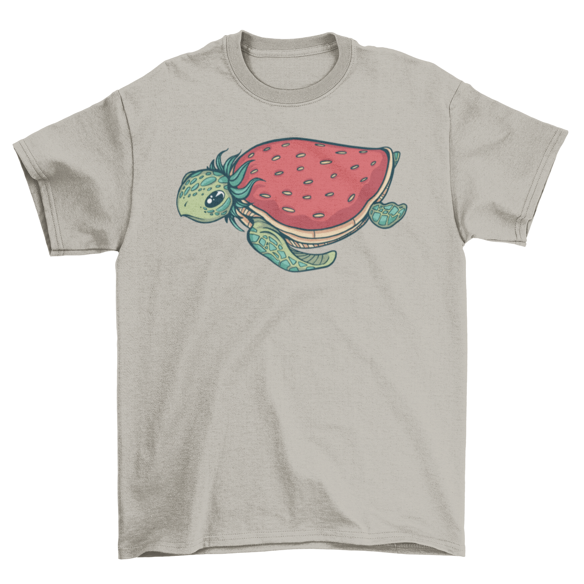 A cute t-shirt featuring a turtle with a strawberry shell design, perfect for casual wear.