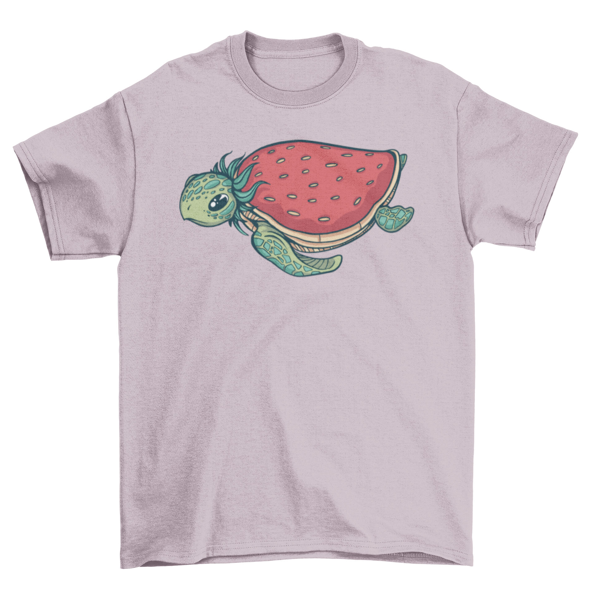A cute t-shirt featuring a turtle with a strawberry shell design, perfect for casual wear.