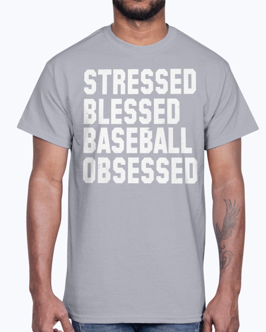 A stylish unisex cotton tee featuring the phrase 'Stressed Blessed Baseball Obsessed' in bold lettering, perfect for baseball fans.