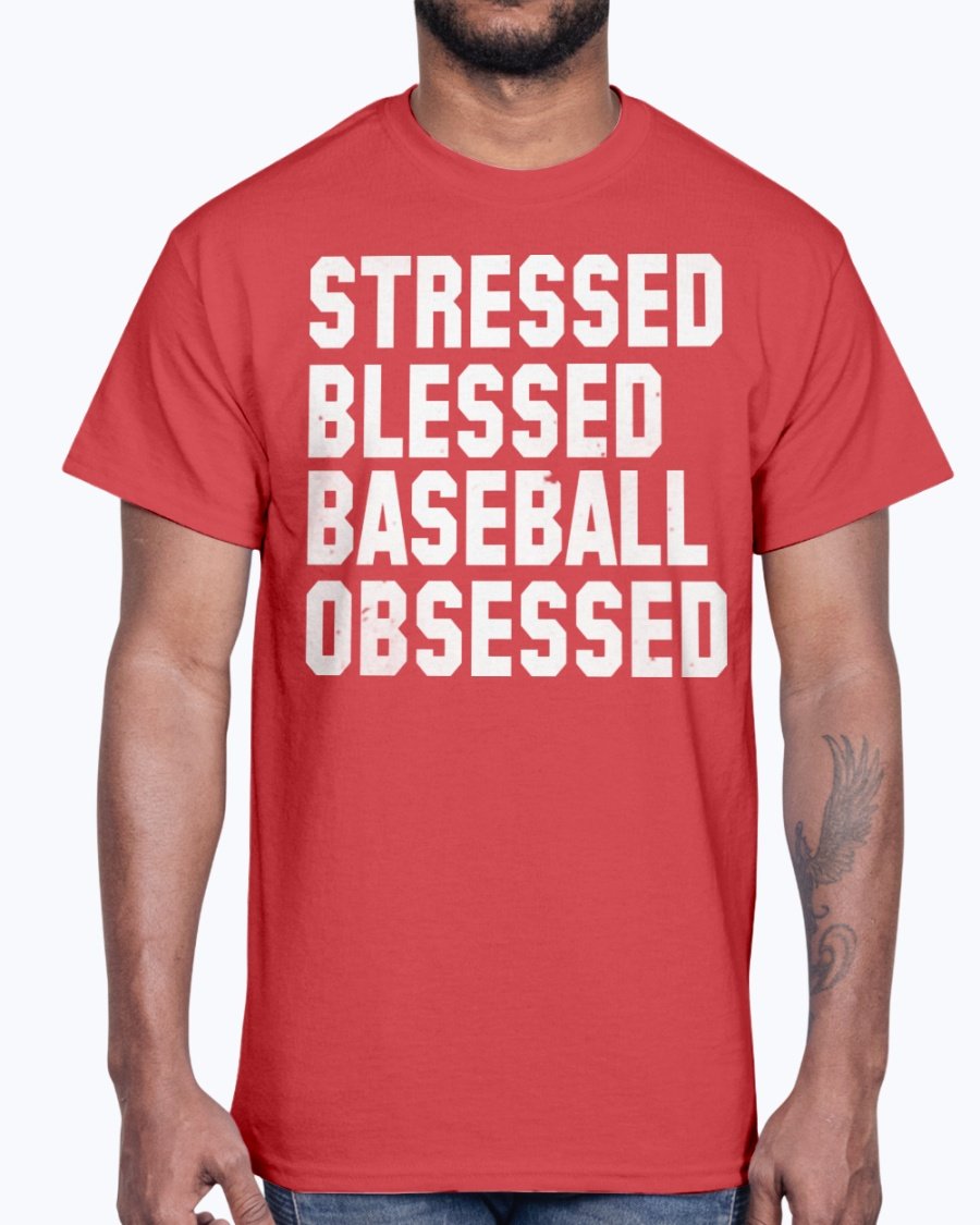 A stylish unisex cotton tee featuring the phrase 'Stressed Blessed Baseball Obsessed' in bold lettering, perfect for baseball fans.