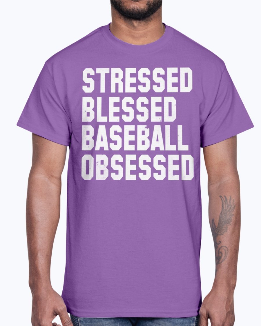 A stylish unisex cotton tee featuring the phrase 'Stressed Blessed Baseball Obsessed' in bold lettering, perfect for baseball fans.