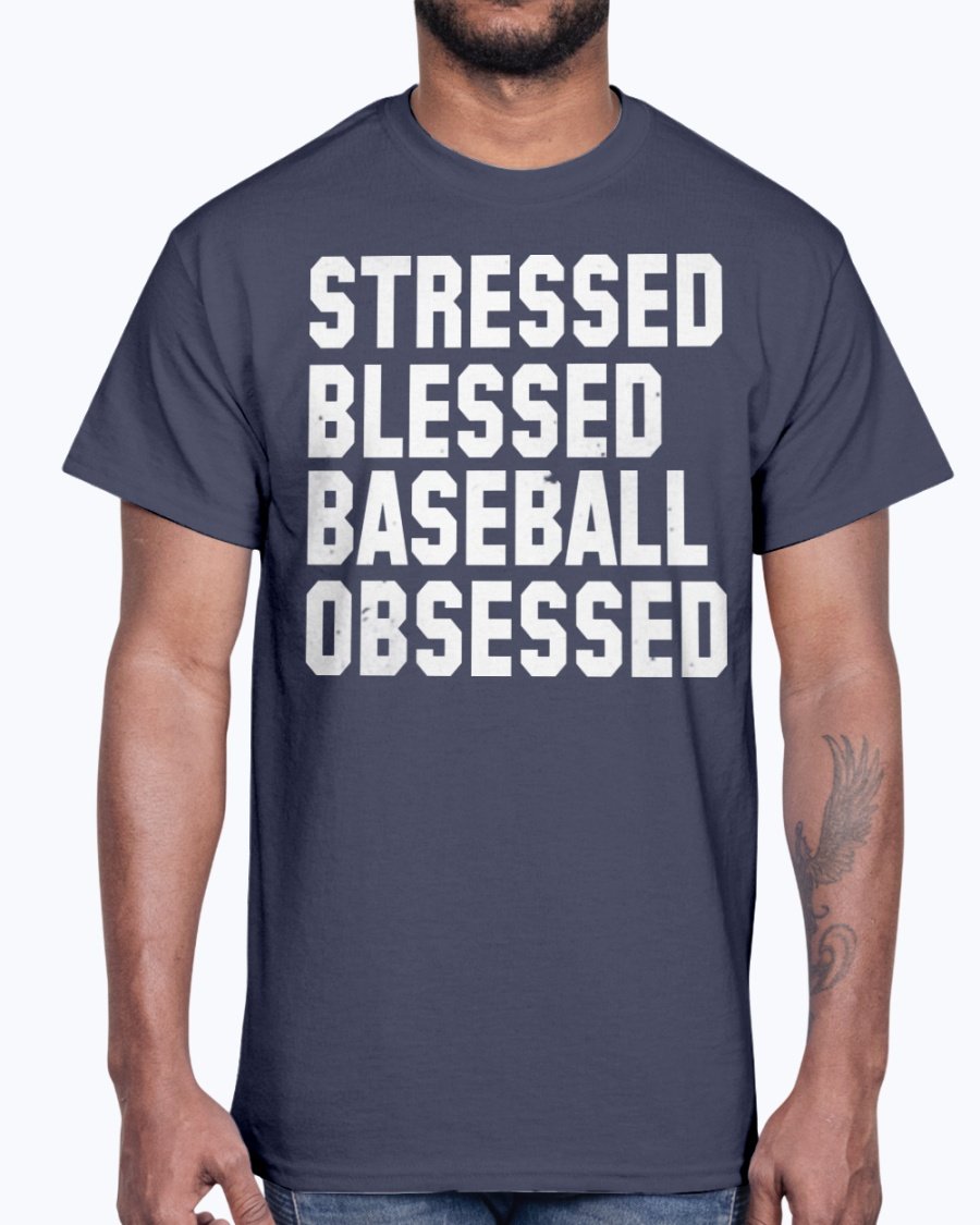 A stylish unisex cotton tee featuring the phrase 'Stressed Blessed Baseball Obsessed' in bold lettering, perfect for baseball fans.