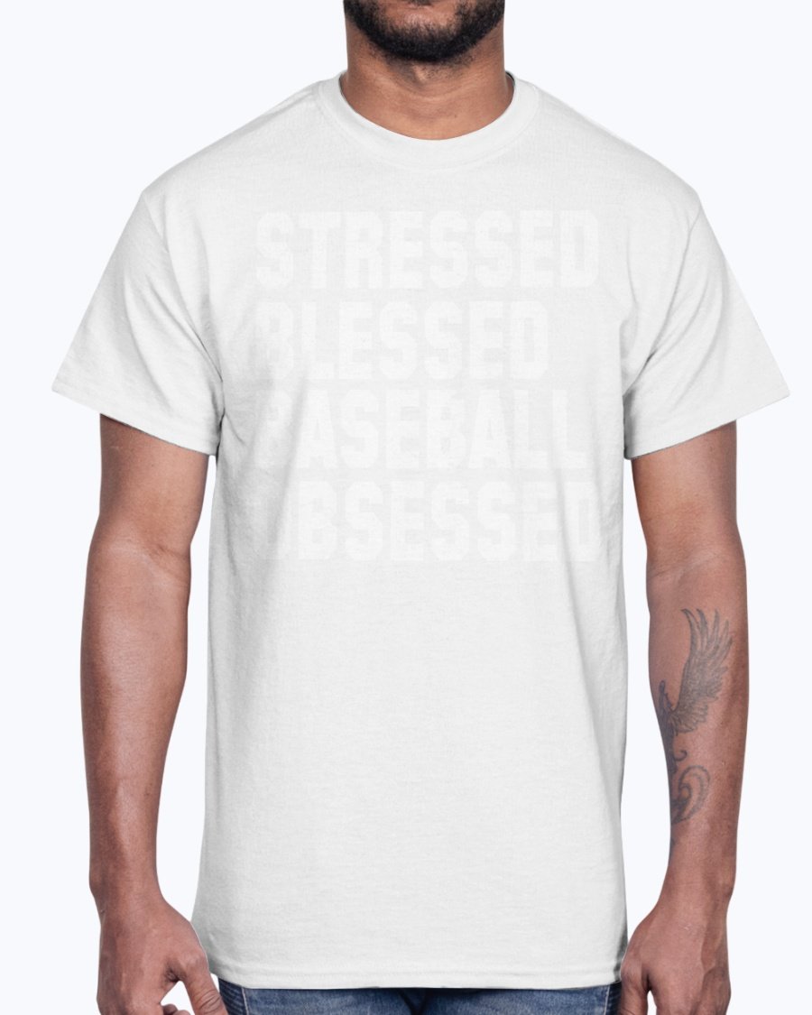 A stylish unisex cotton tee featuring the phrase 'Stressed Blessed Baseball Obsessed' in bold lettering, perfect for baseball fans.