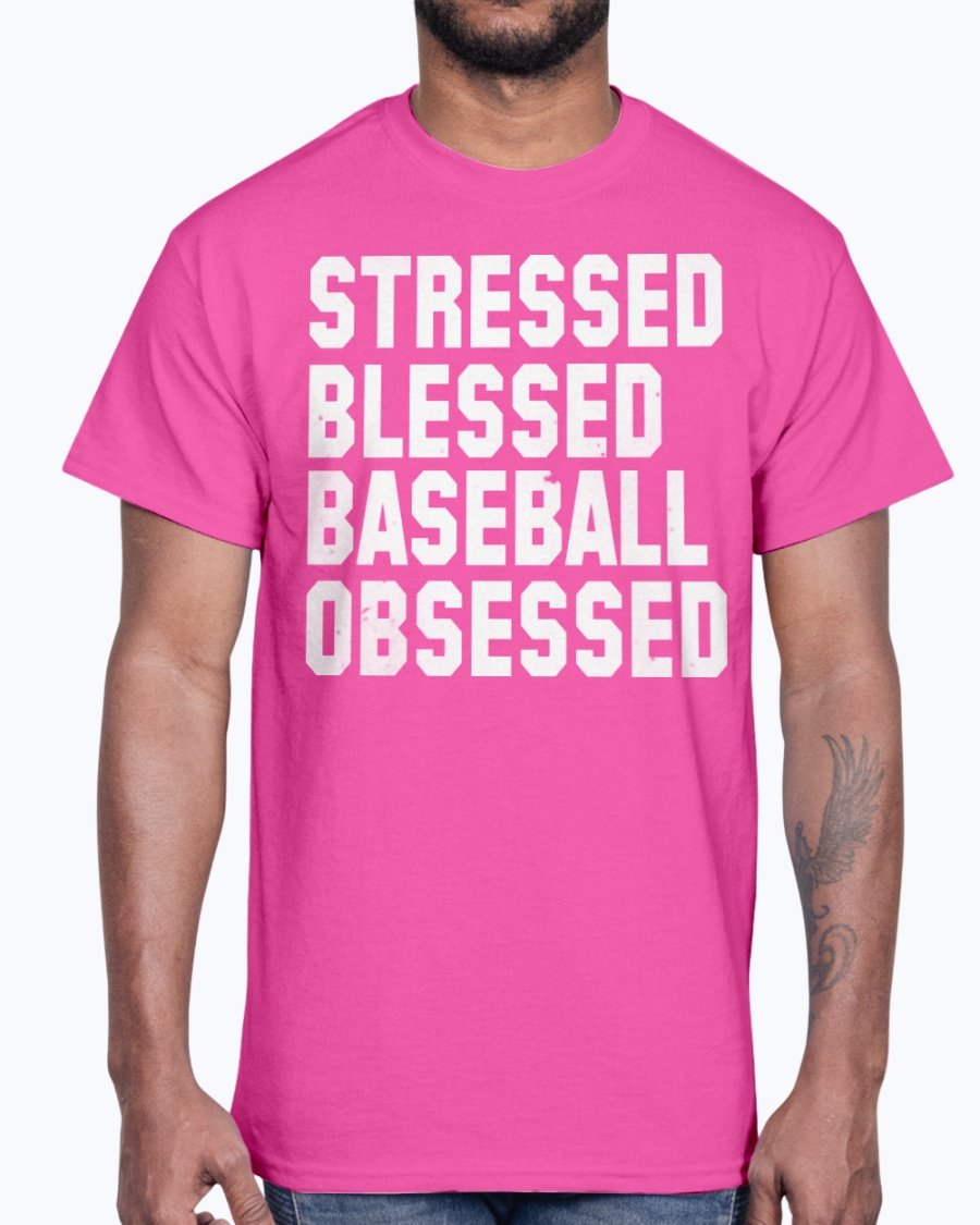 A stylish unisex cotton tee featuring the phrase 'Stressed Blessed Baseball Obsessed' in bold lettering, perfect for baseball fans.