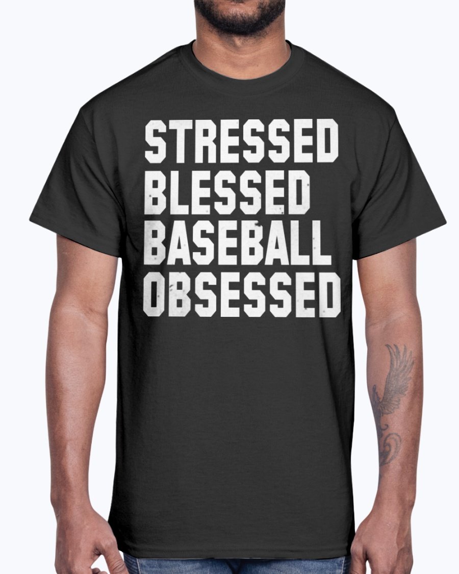 A stylish unisex cotton tee featuring the phrase 'Stressed Blessed Baseball Obsessed' in bold lettering, perfect for baseball fans.