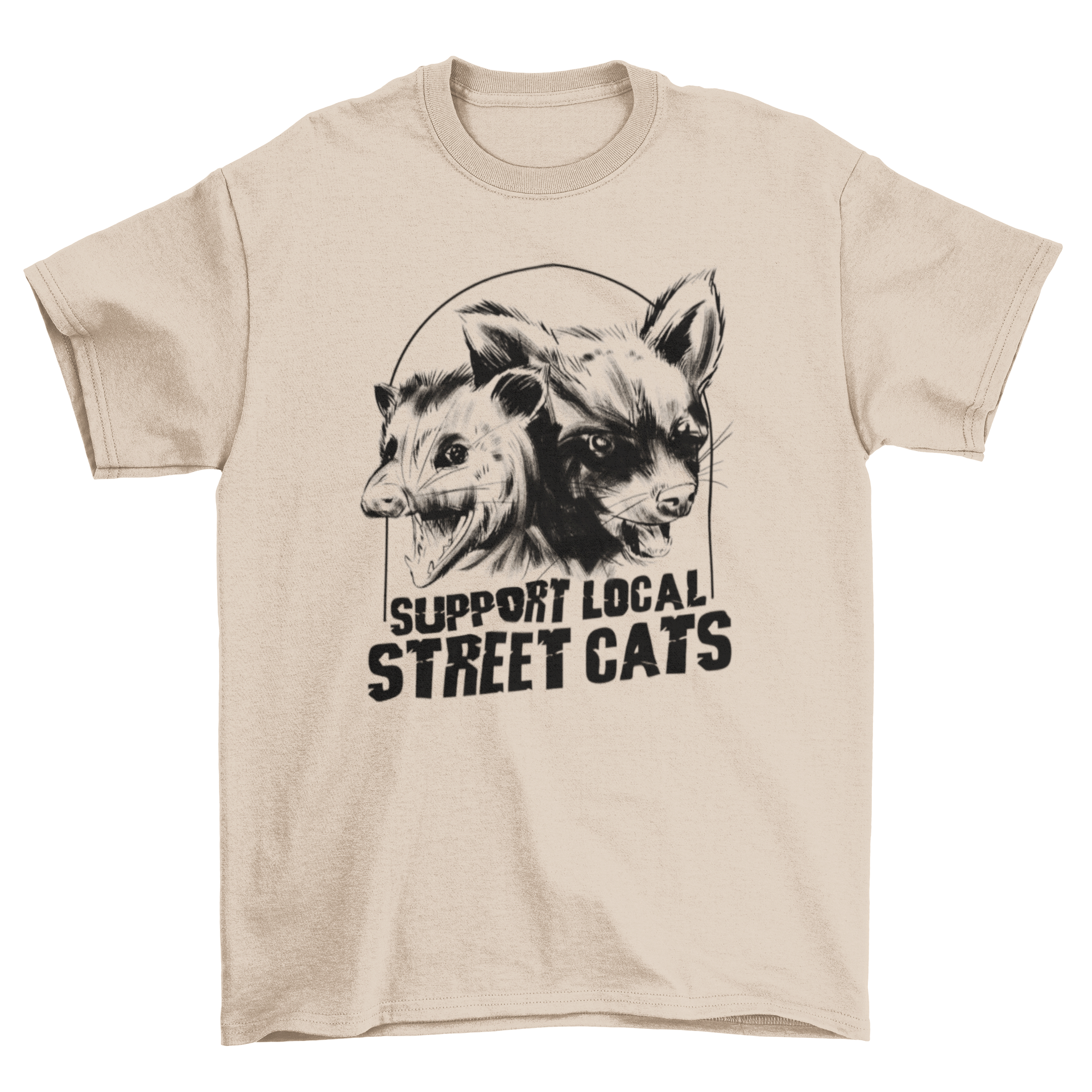A stylish t-shirt featuring a raccoon and possum design with the quote 'support local street cats'.