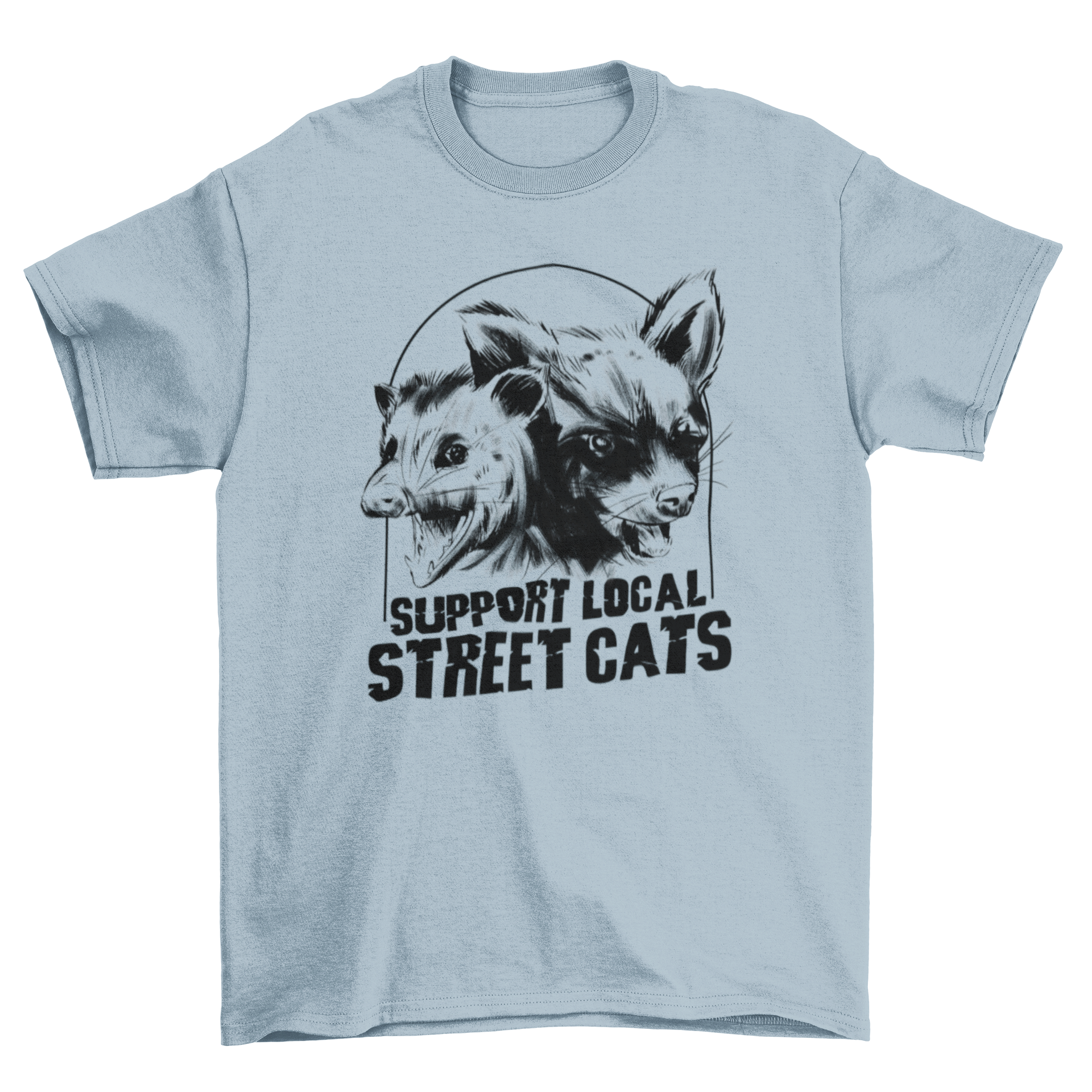 A stylish t-shirt featuring a raccoon and possum design with the quote 'support local street cats'.