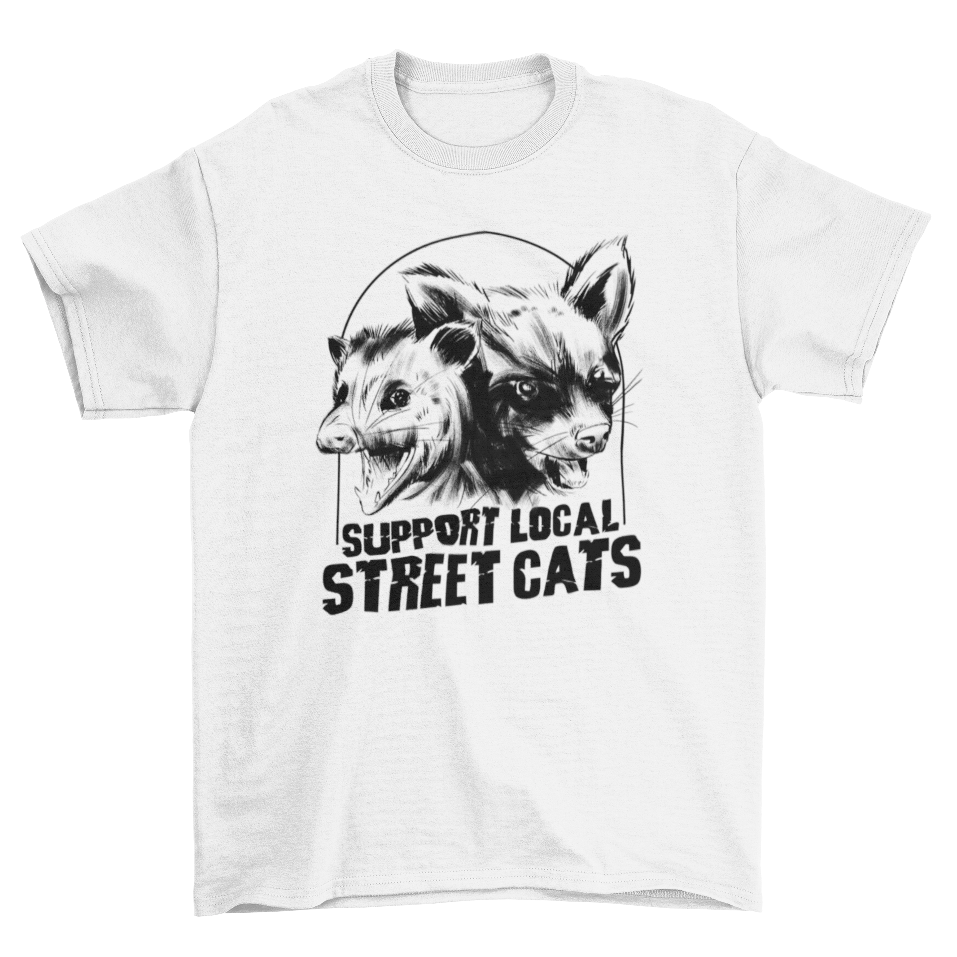 A stylish t-shirt featuring a raccoon and possum design with the quote 'support local street cats'.