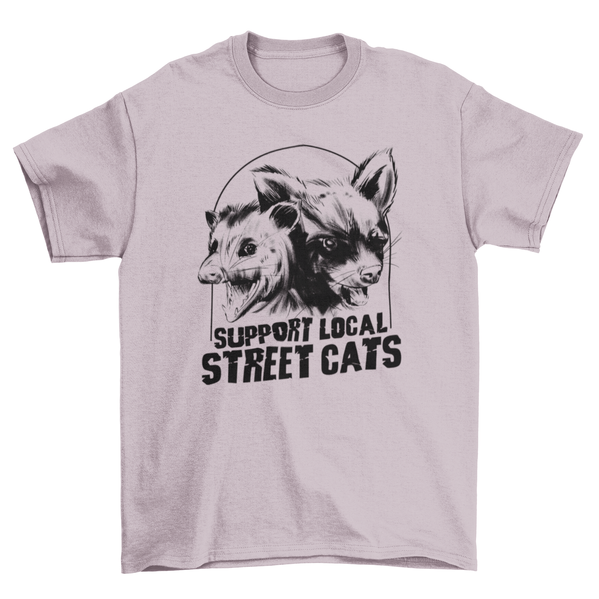A stylish t-shirt featuring a raccoon and possum design with the quote 'support local street cats'.