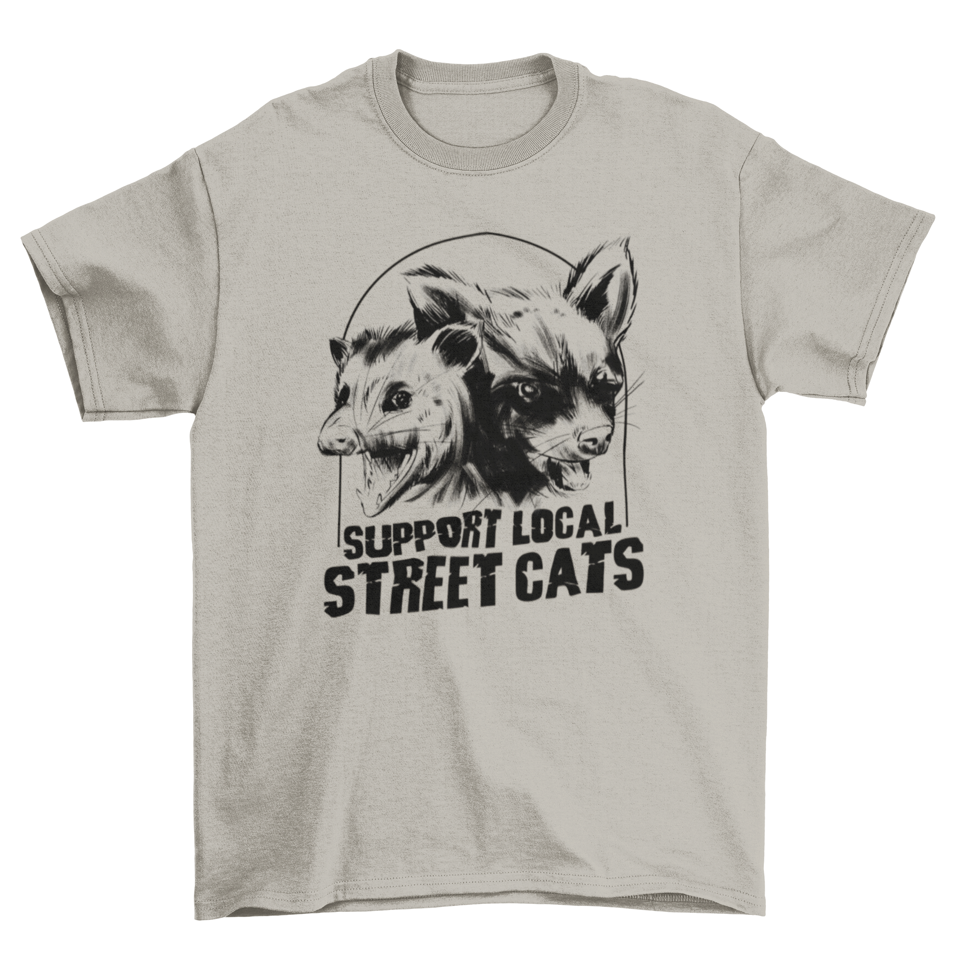 A stylish t-shirt featuring a raccoon and possum design with the quote 'support local street cats'.