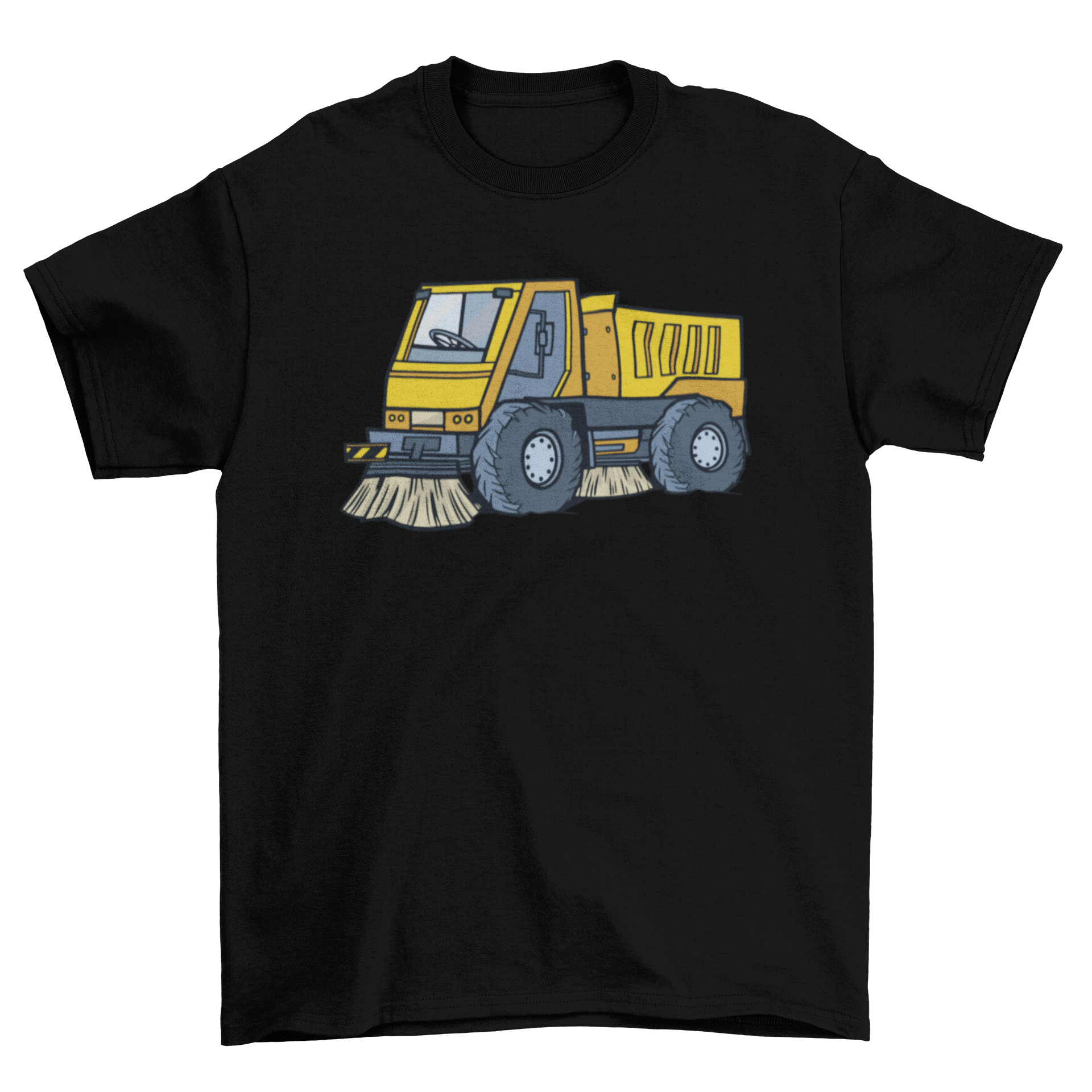 A stylish T-shirt featuring a detailed graphic of a street sweeper truck, perfect for truck enthusiasts.