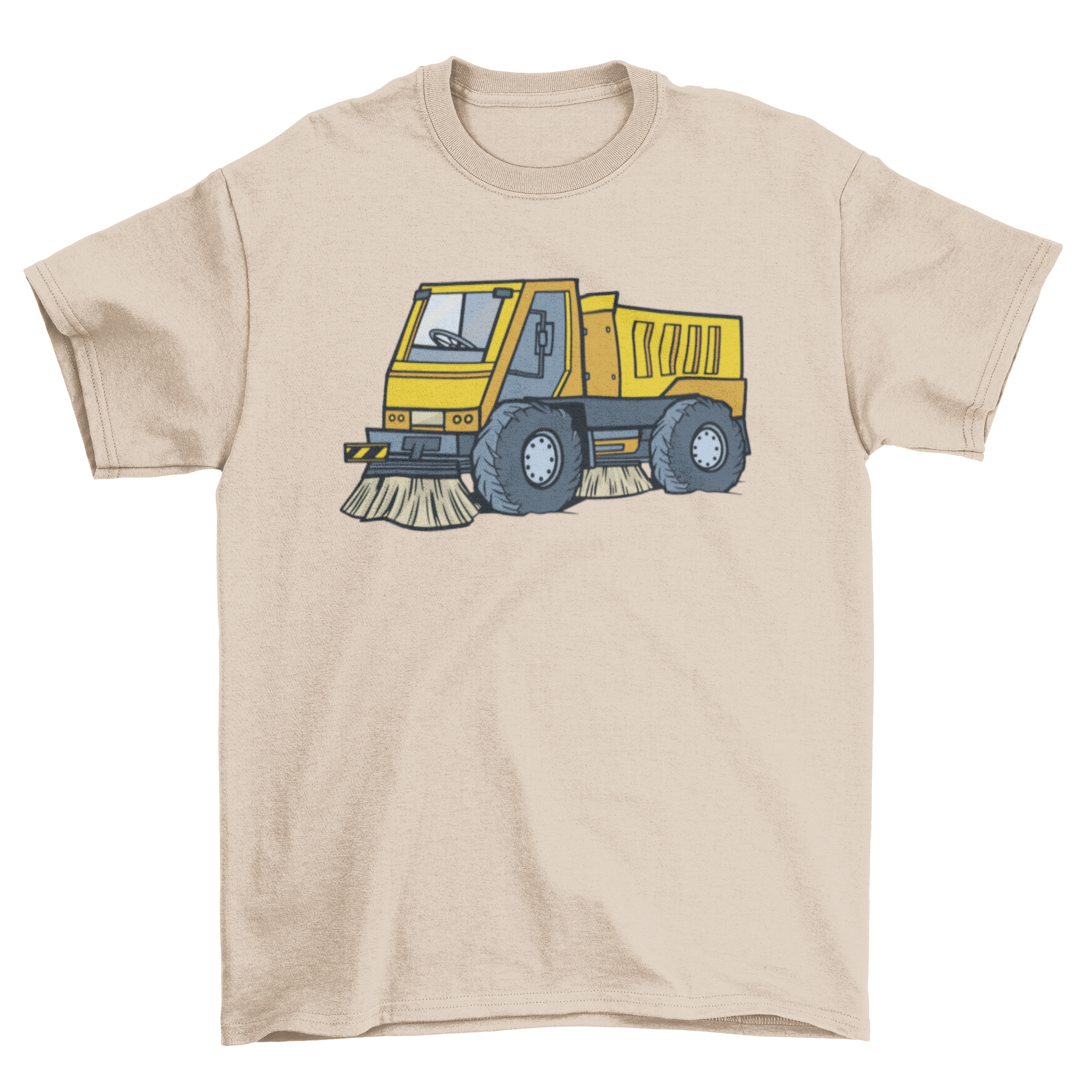 A stylish T-shirt featuring a detailed graphic of a street sweeper truck, perfect for truck enthusiasts.