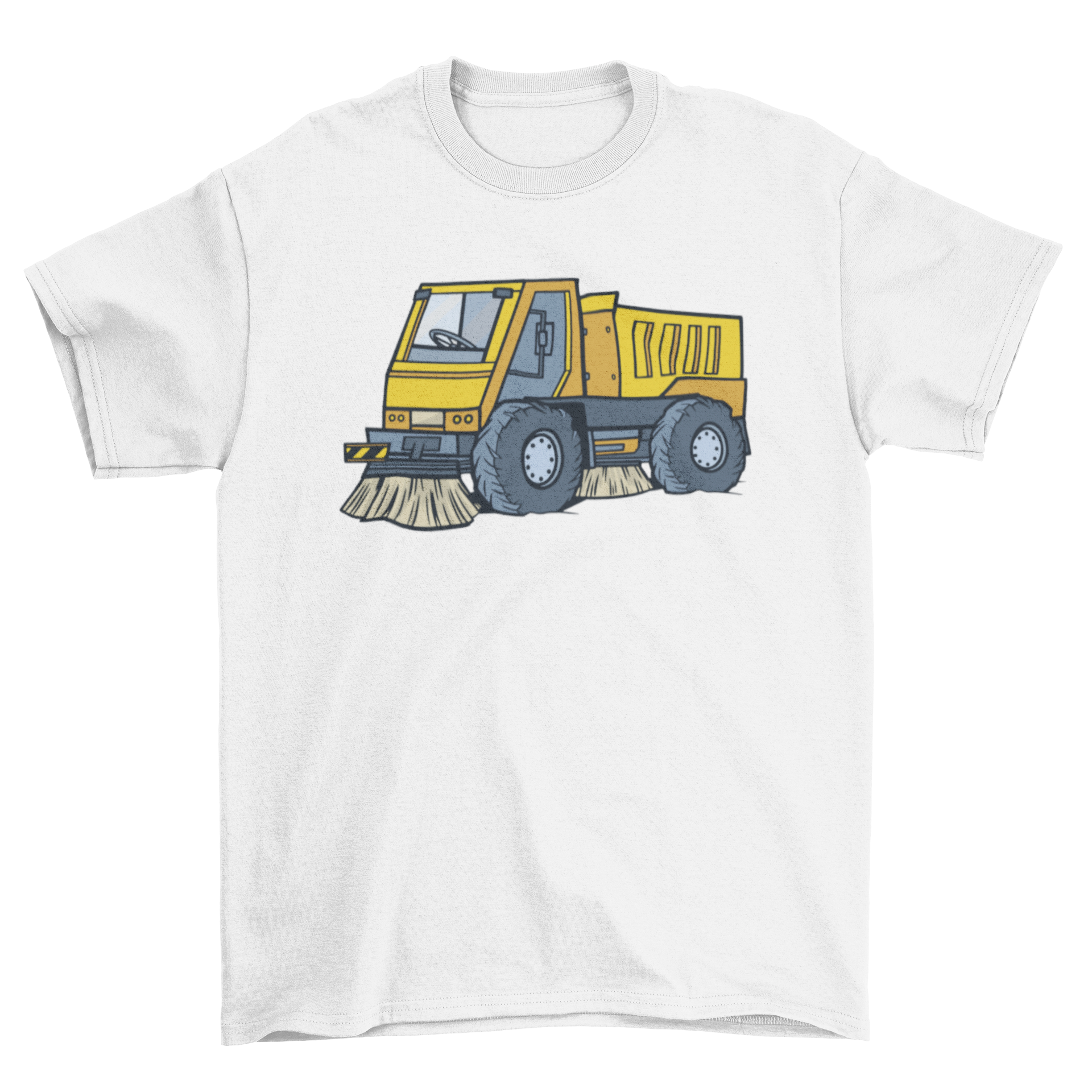 A stylish T-shirt featuring a detailed graphic of a street sweeper truck, perfect for truck enthusiasts.
