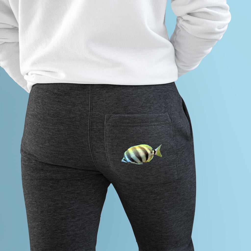 A pair of Striped Fish Premium Fleece Joggers showcasing a stylish striped design, featuring two side pockets and a customizable back pocket.