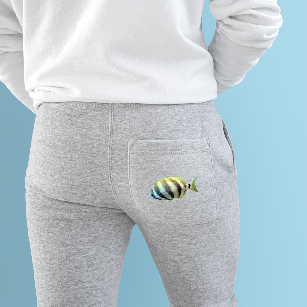 A pair of Striped Fish Premium Fleece Joggers showcasing a stylish striped design, featuring two side pockets and a customizable back pocket.