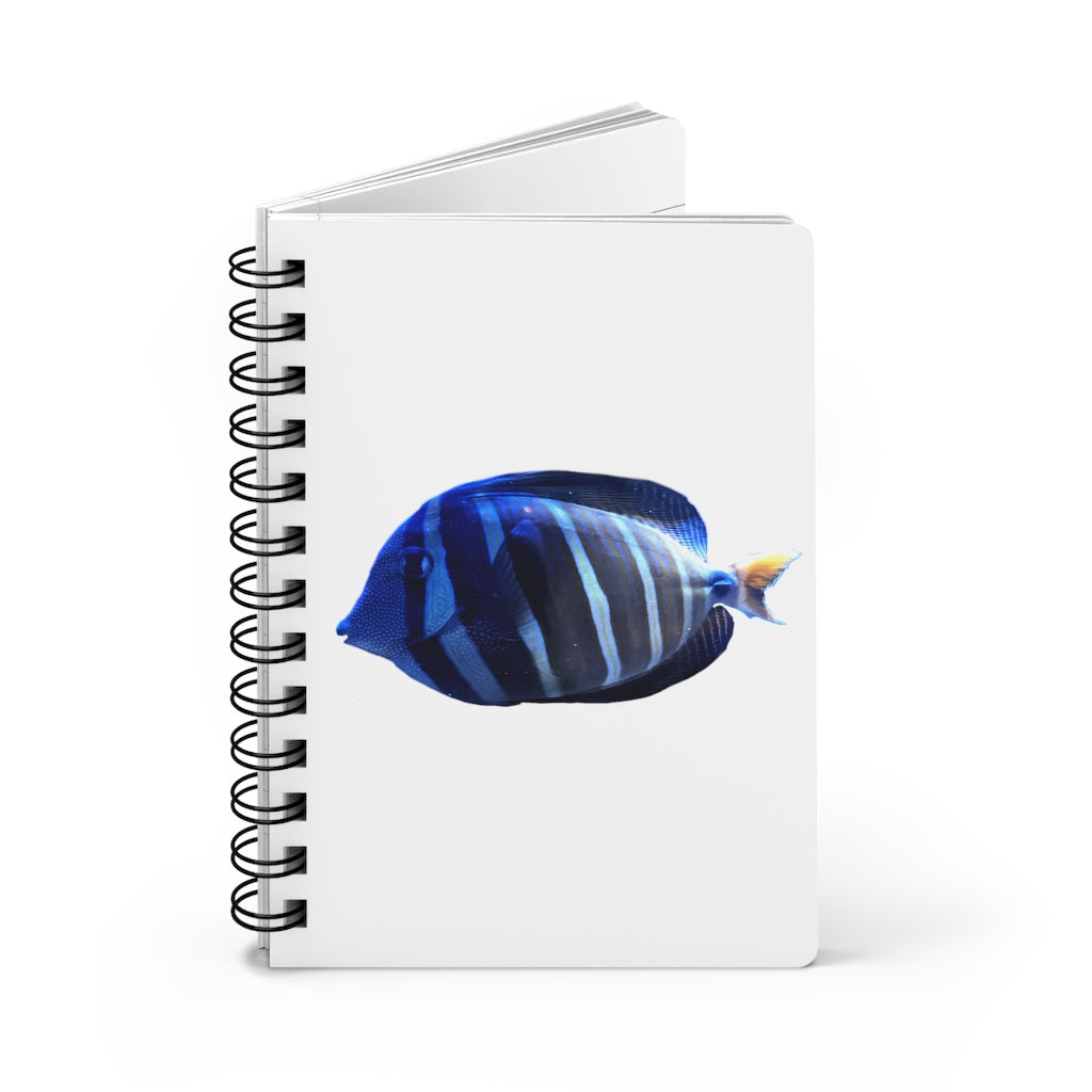 Striped Fish Spiral Bound Journal with a glossy laminated cover featuring a colorful striped fish design, showcasing its 5x7 size and lined pages.