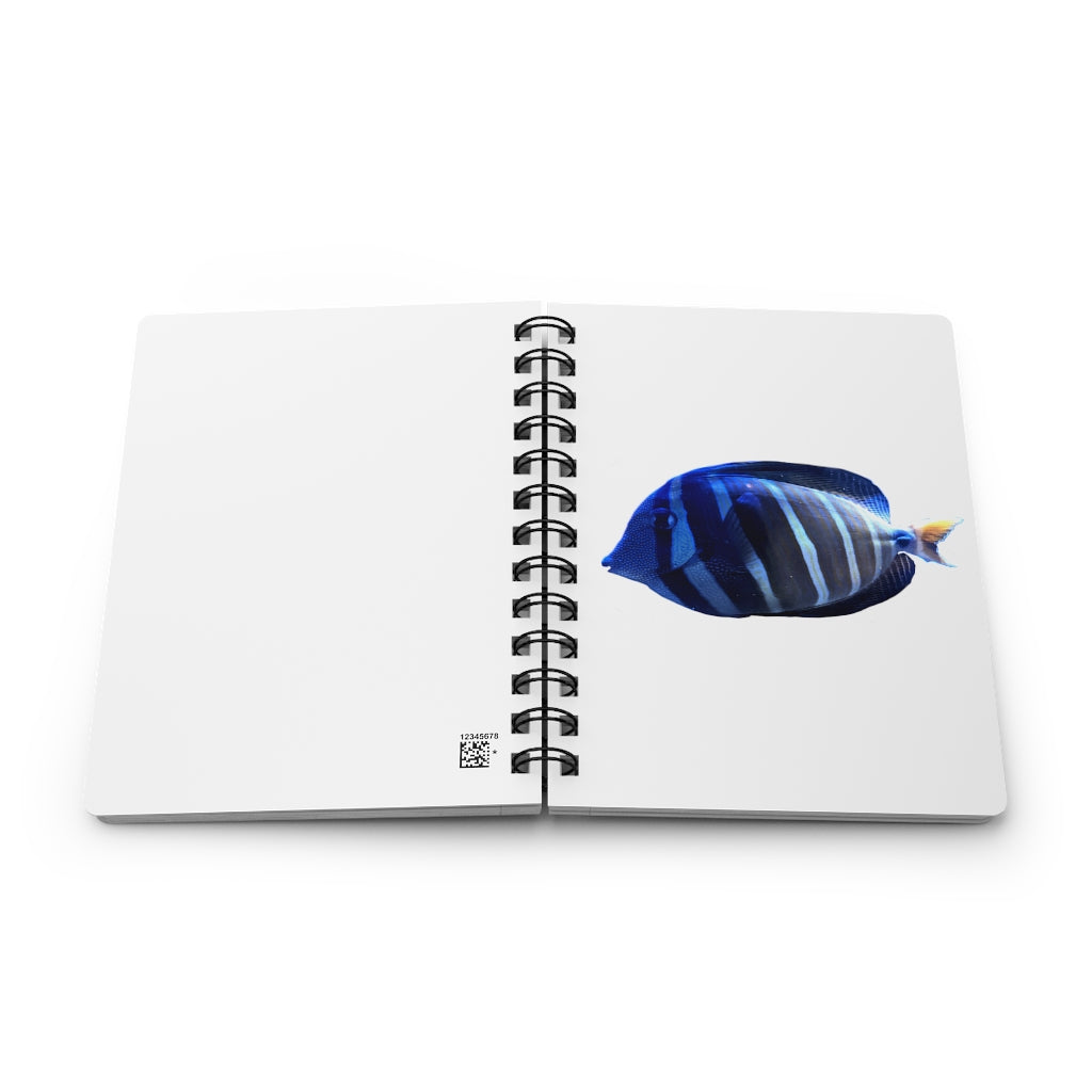 Striped Fish Spiral Bound Journal with a glossy laminated cover featuring a colorful striped fish design, showcasing its 5x7 size and lined pages.
