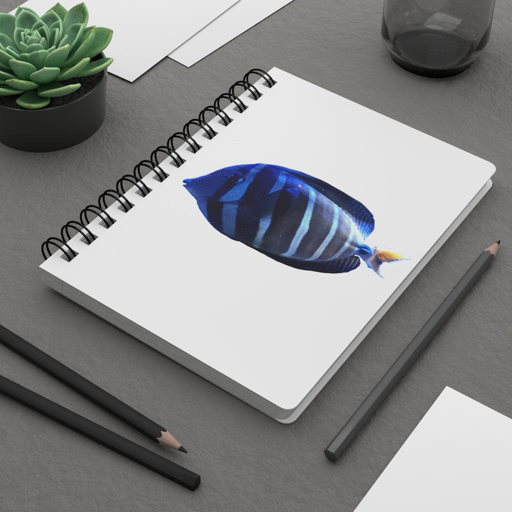 Striped Fish Spiral Bound Journal with a glossy laminated cover featuring a colorful striped fish design, showcasing its 5x7 size and lined pages.