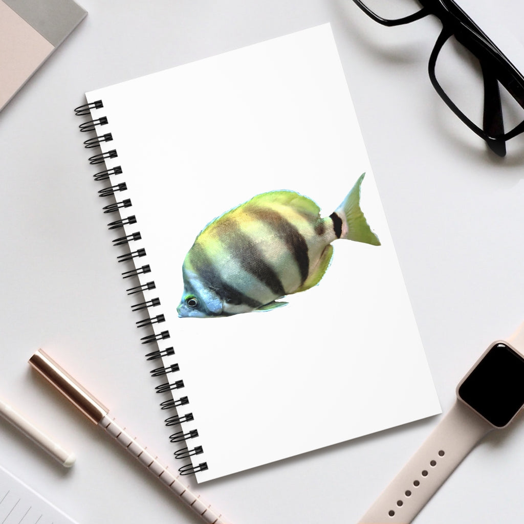 Striped Fish Spiral Journal featuring a vibrant front cover print, available in four styles including blank, dot grid, lined, and task.
