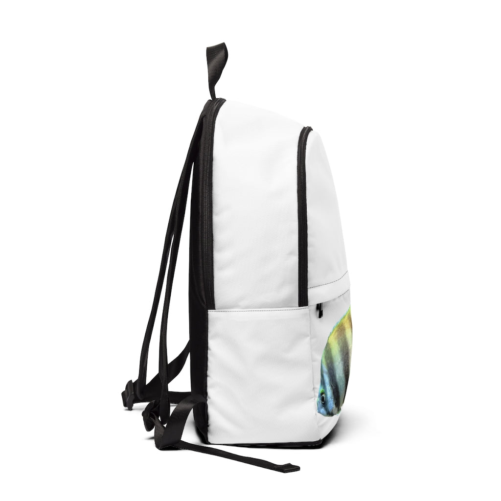 Striped Fish Unisex Fabric Backpack showcasing its stylish design, adjustable straps, and padded back panel.