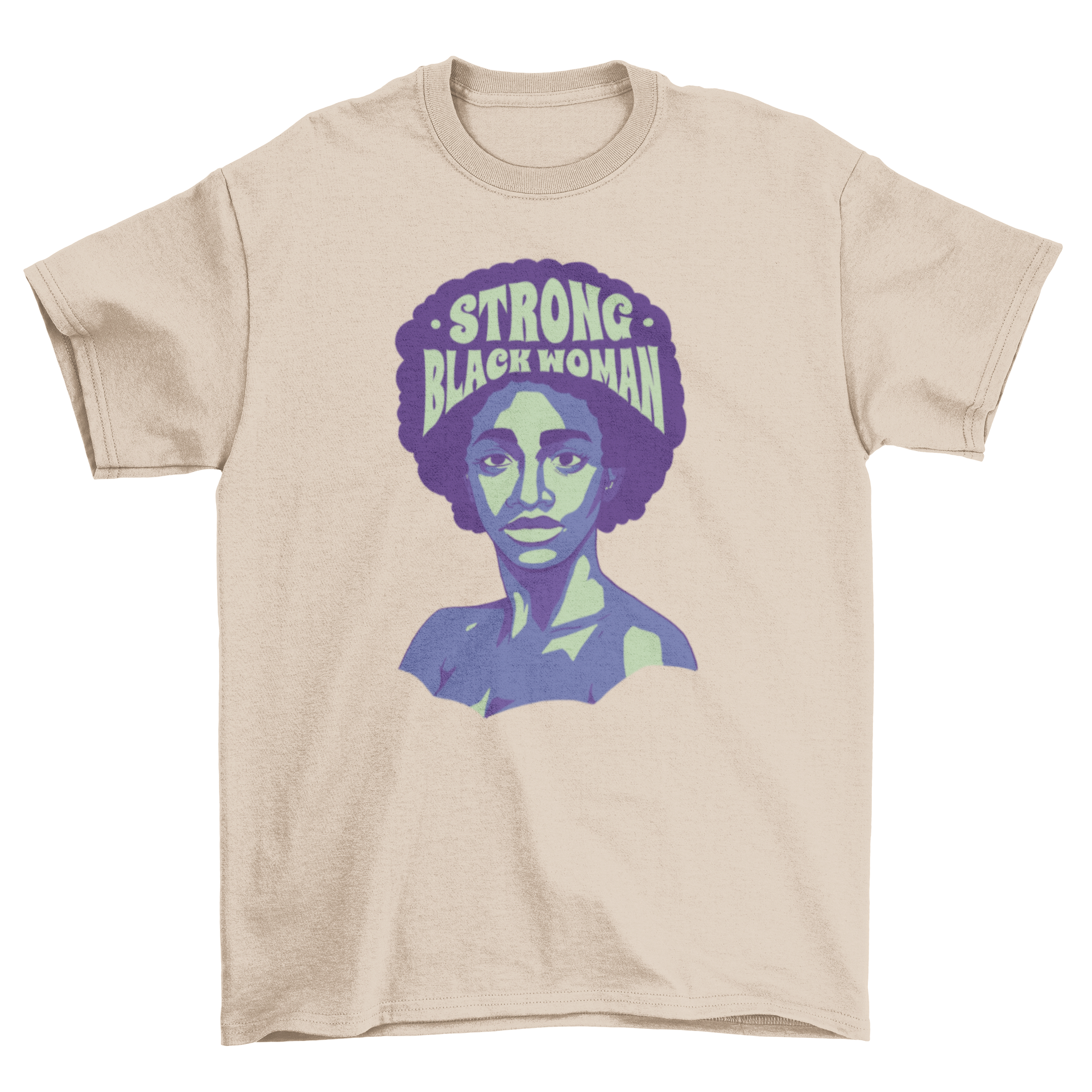 Strong Black Woman T-shirt featuring an illustration of a black woman and the empowering quote 'Strong Black Woman'.