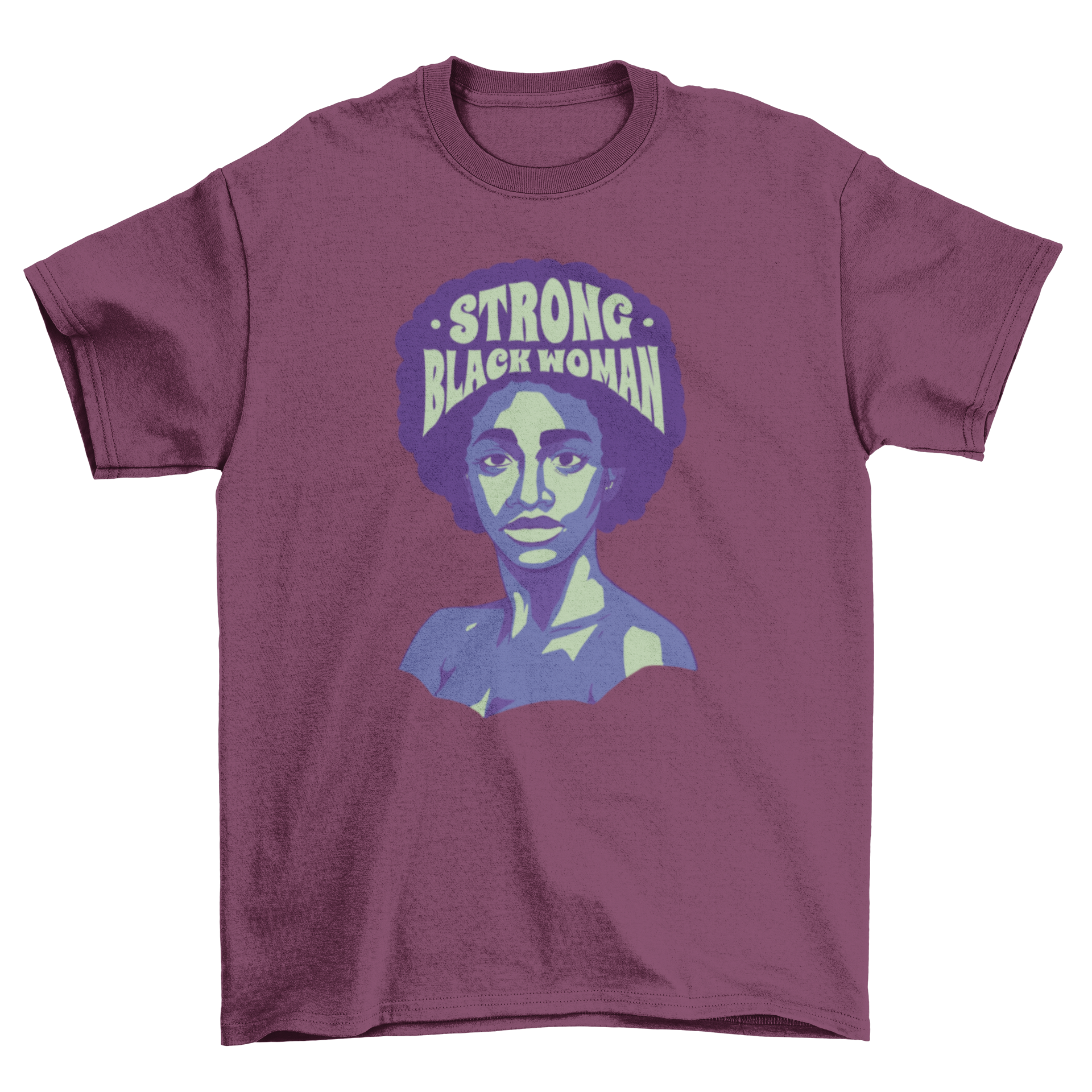 Strong Black Woman T-shirt featuring an illustration of a black woman and the empowering quote 'Strong Black Woman'.