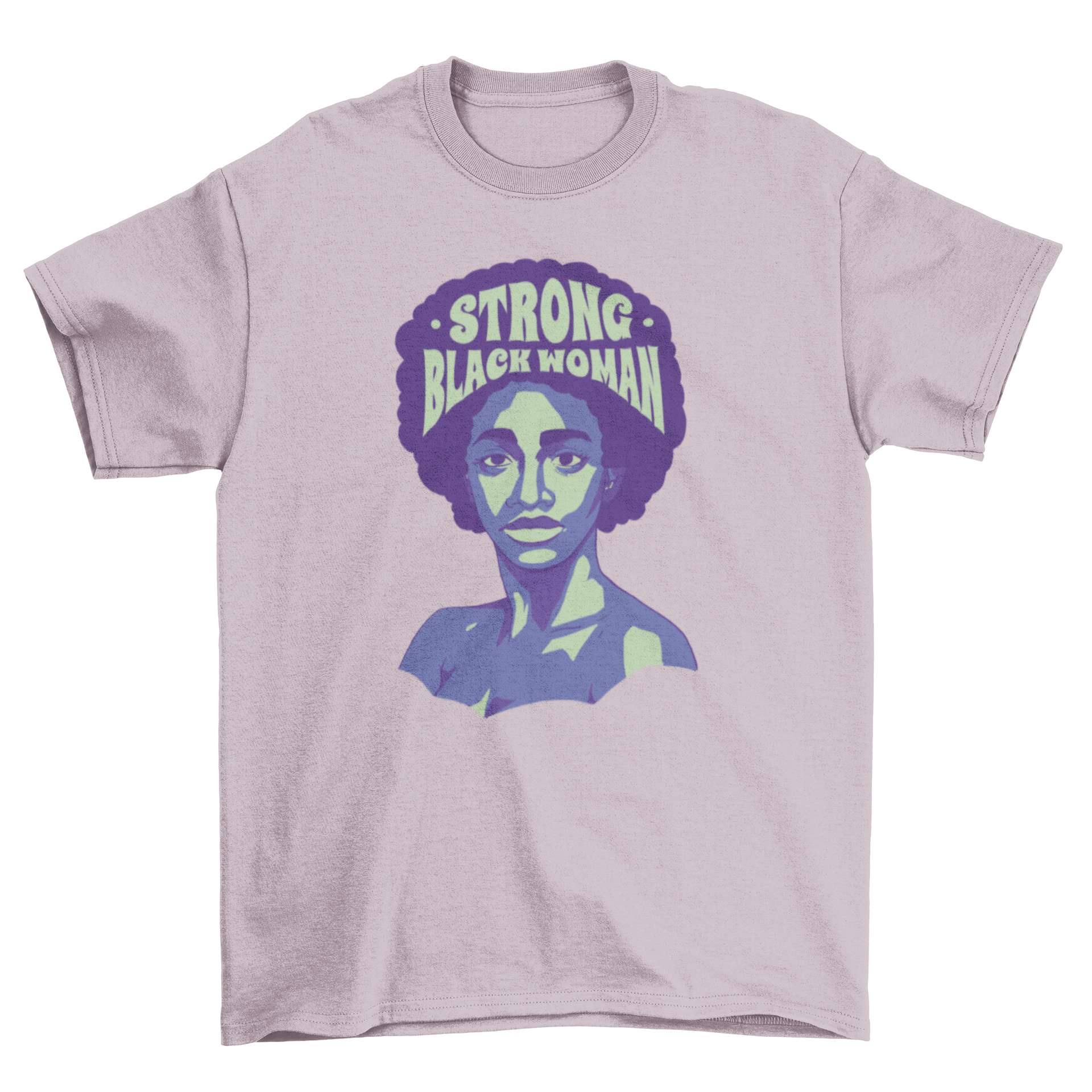 Strong Black Woman T-shirt featuring an illustration of a black woman and the empowering quote 'Strong Black Woman'.