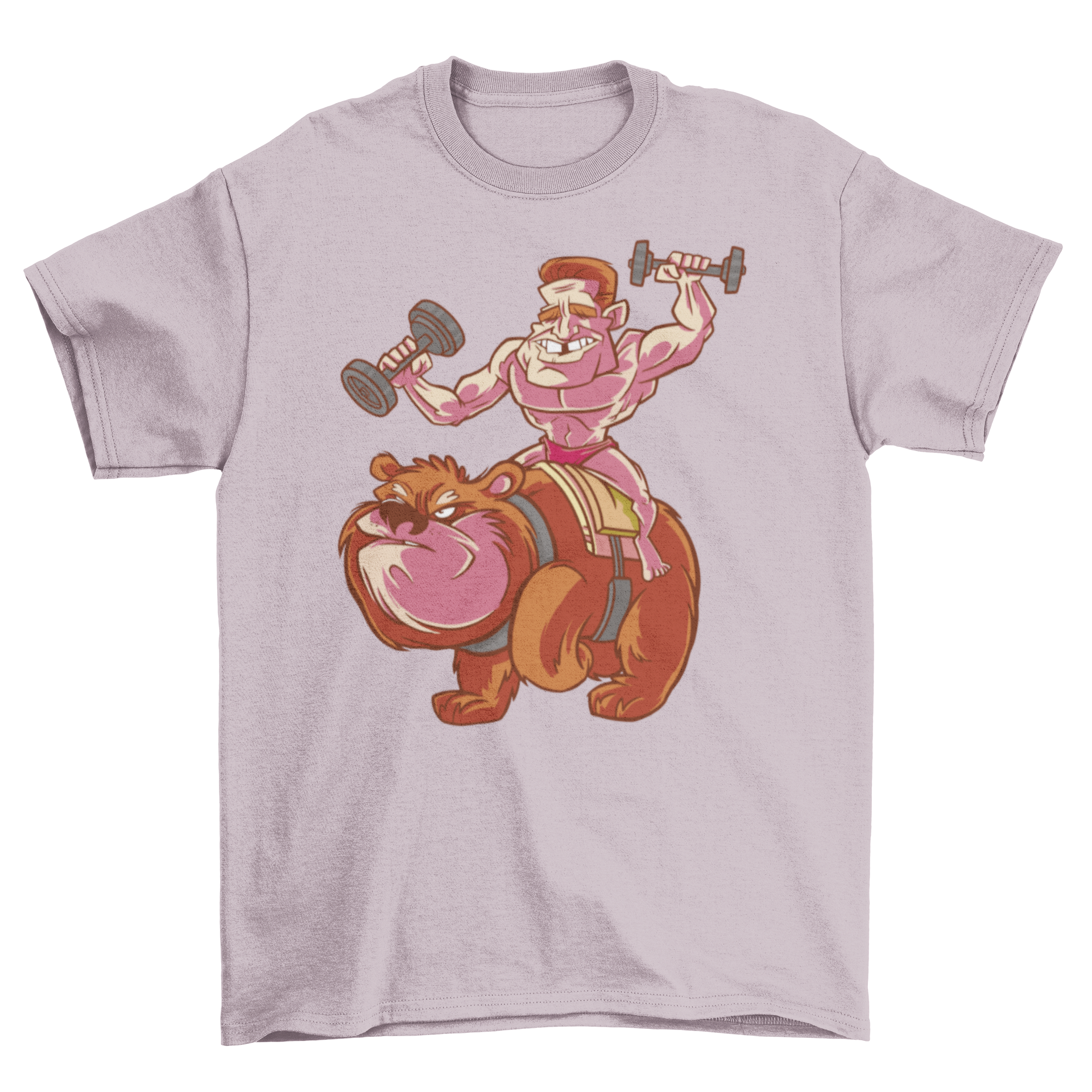 A strong man lifting weights while riding a bear, featured on a stylish t-shirt.