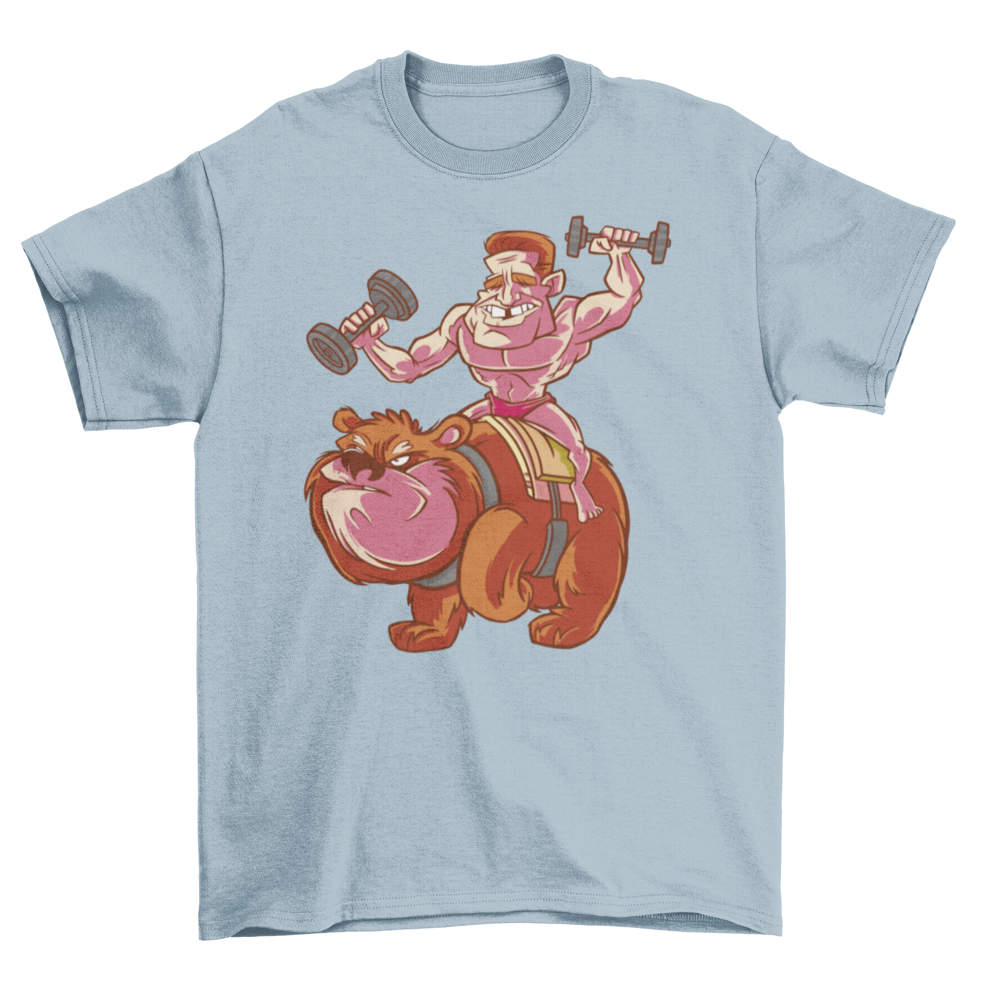 A strong man lifting weights while riding a bear, featured on a stylish t-shirt.