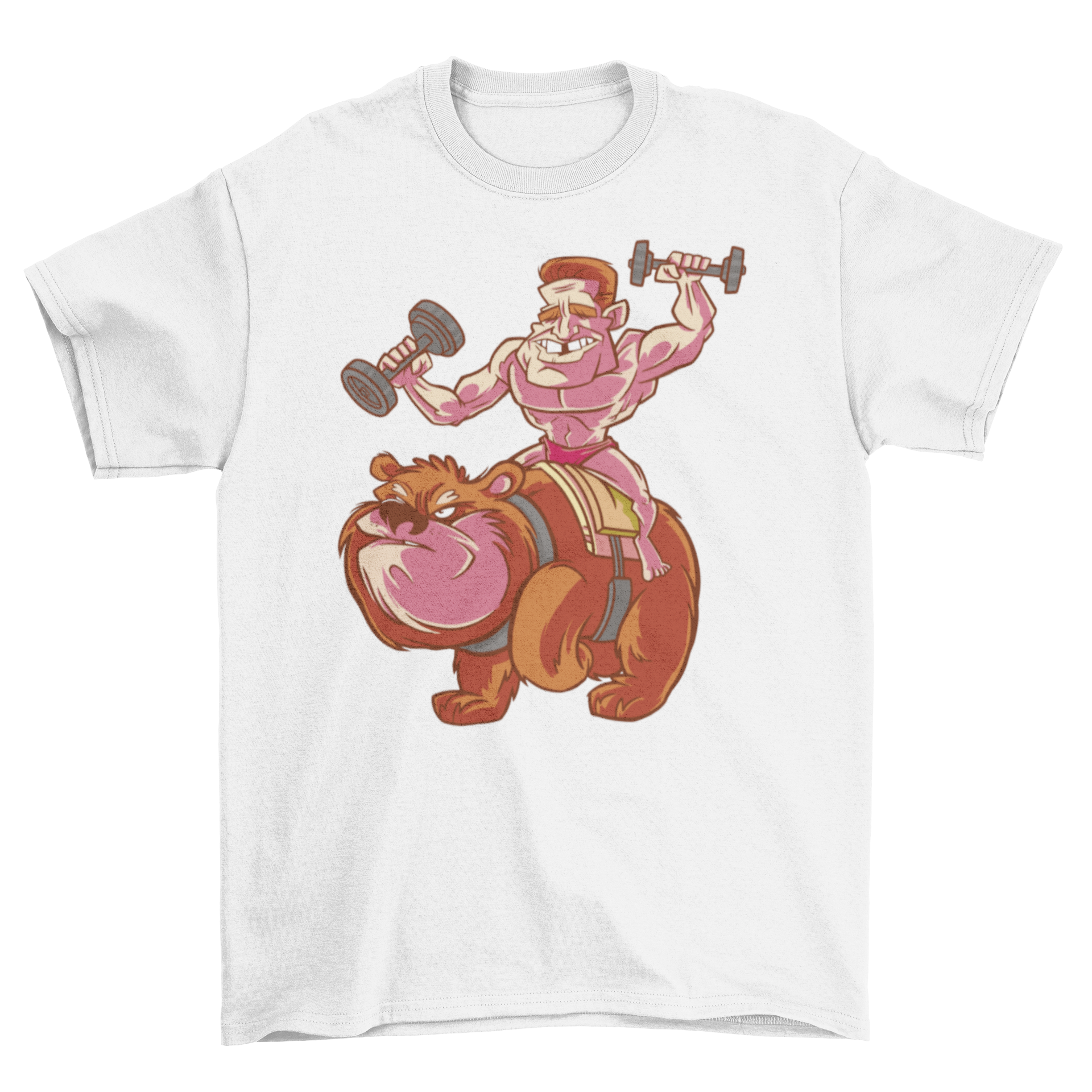 A strong man lifting weights while riding a bear, featured on a stylish t-shirt.