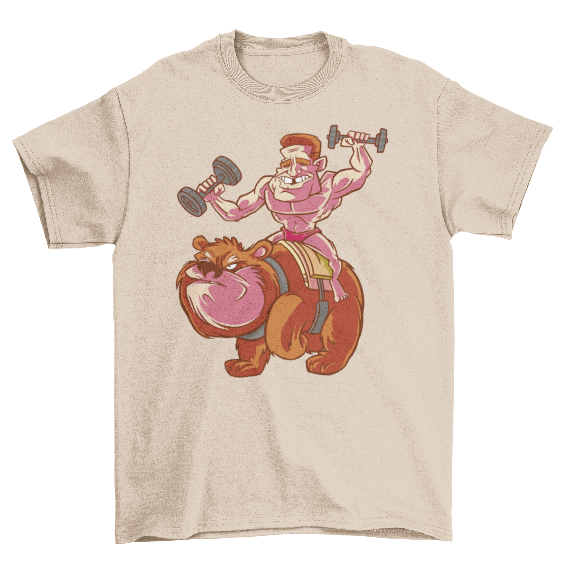 A strong man lifting weights while riding a bear, featured on a stylish t-shirt.