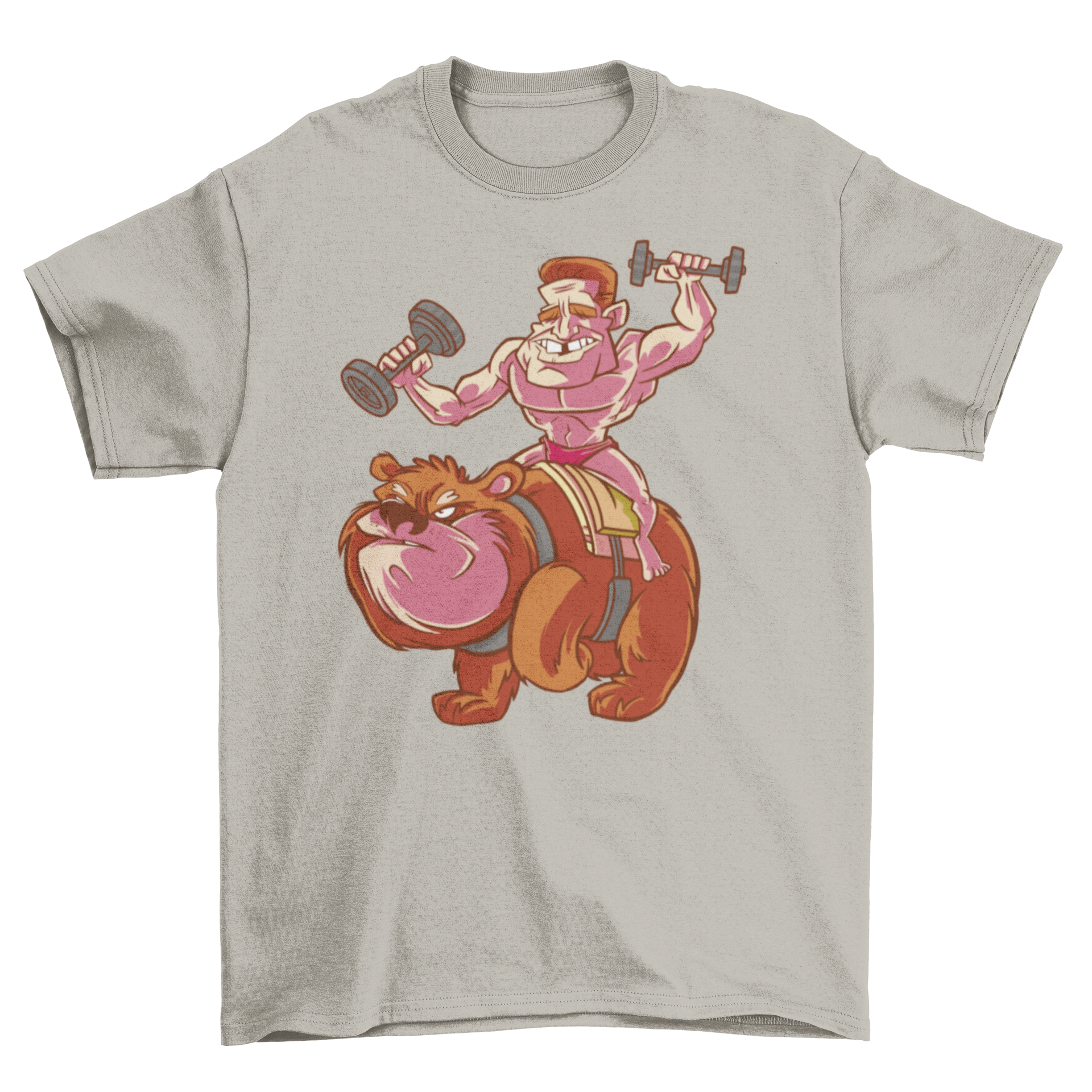 A strong man lifting weights while riding a bear, featured on a stylish t-shirt.