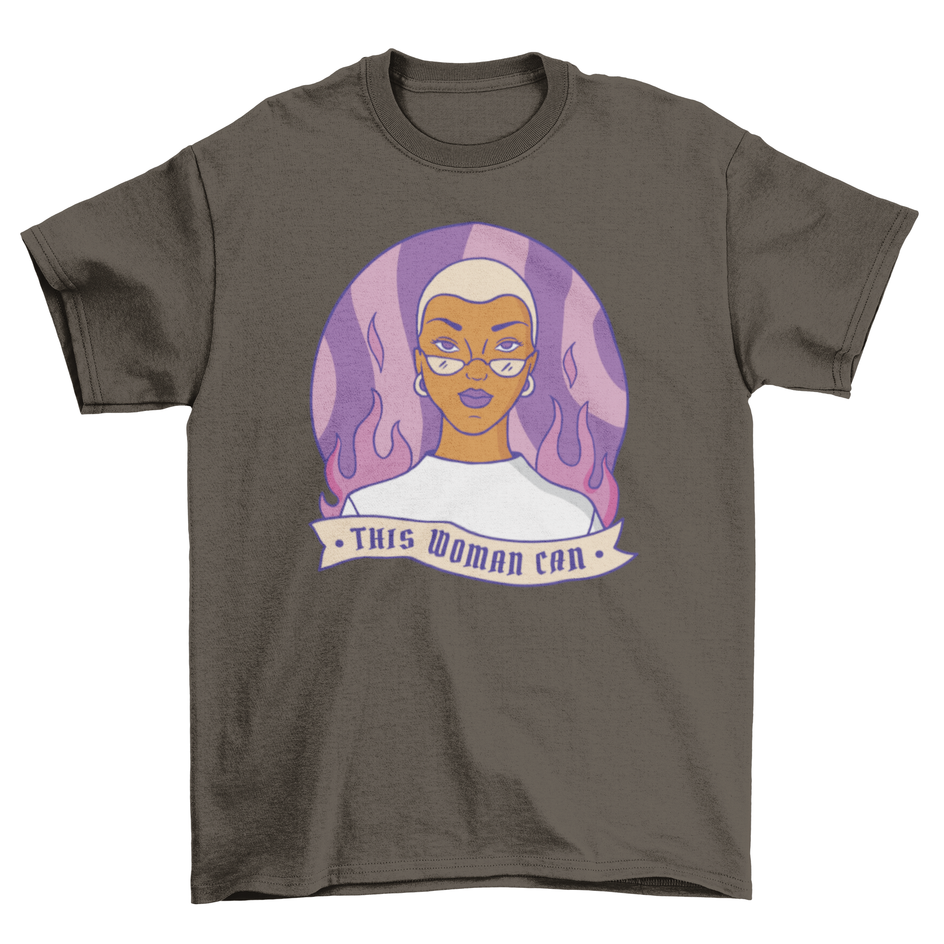 Strong Woman Feminism T-Shirt featuring a confident woman and the quote 'This woman can' in bold letters.
