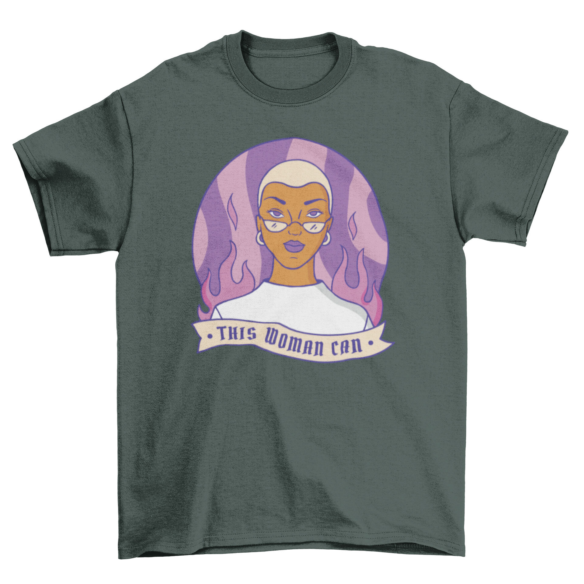 Strong Woman Feminism T-Shirt featuring a confident woman and the quote 'This woman can' in bold letters.