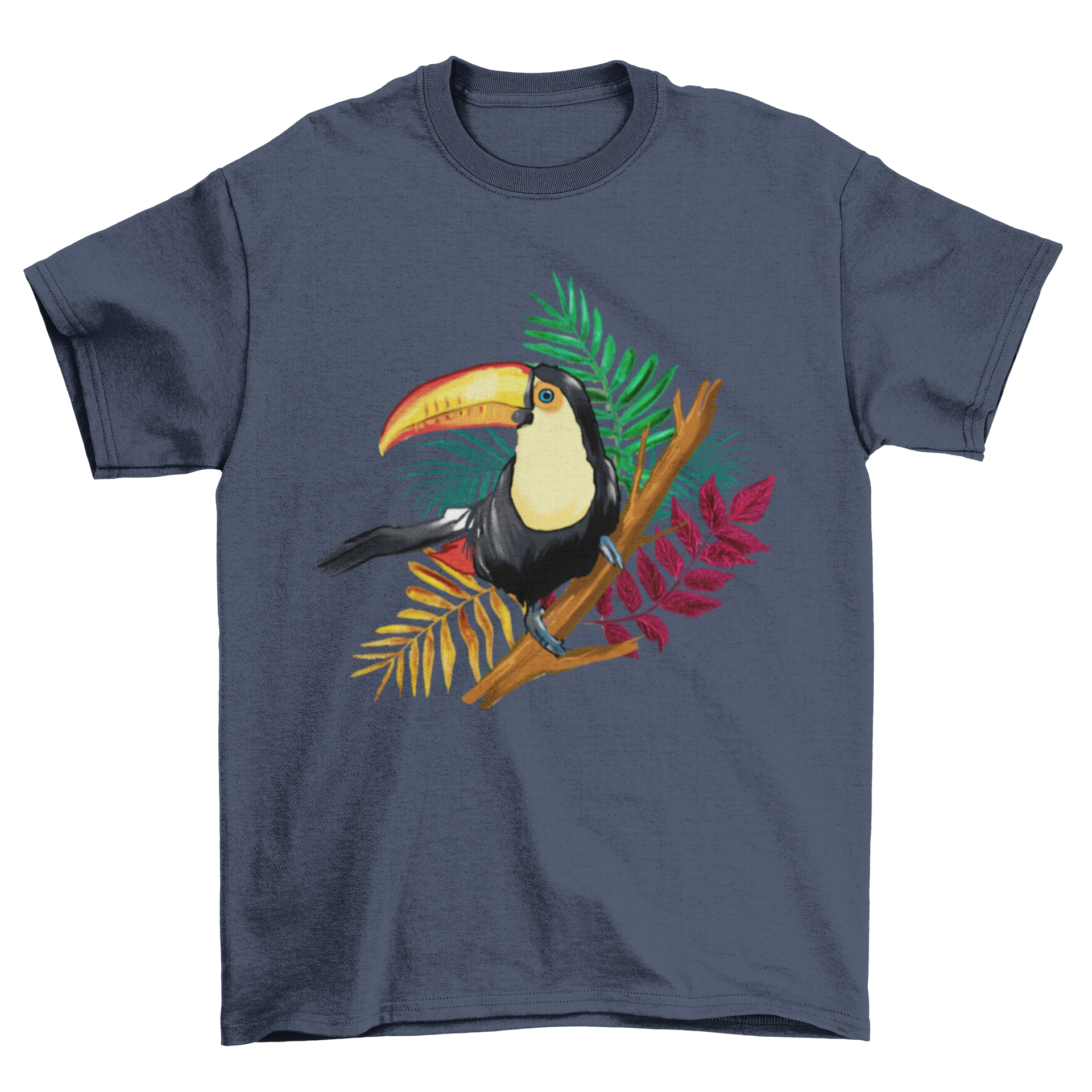 A vibrant t-shirt featuring a colorful toucan bird illustration perched on a branch, showcasing tropical fashion.