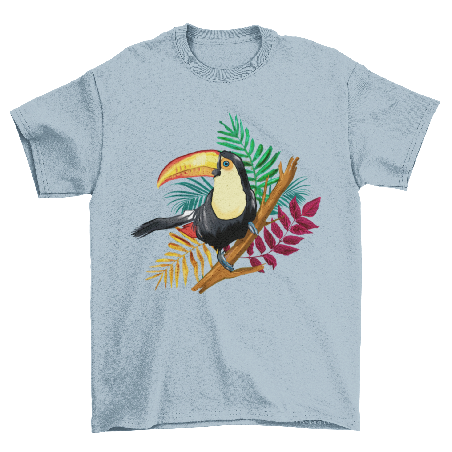 A vibrant t-shirt featuring a colorful toucan bird illustration perched on a branch, showcasing tropical fashion.