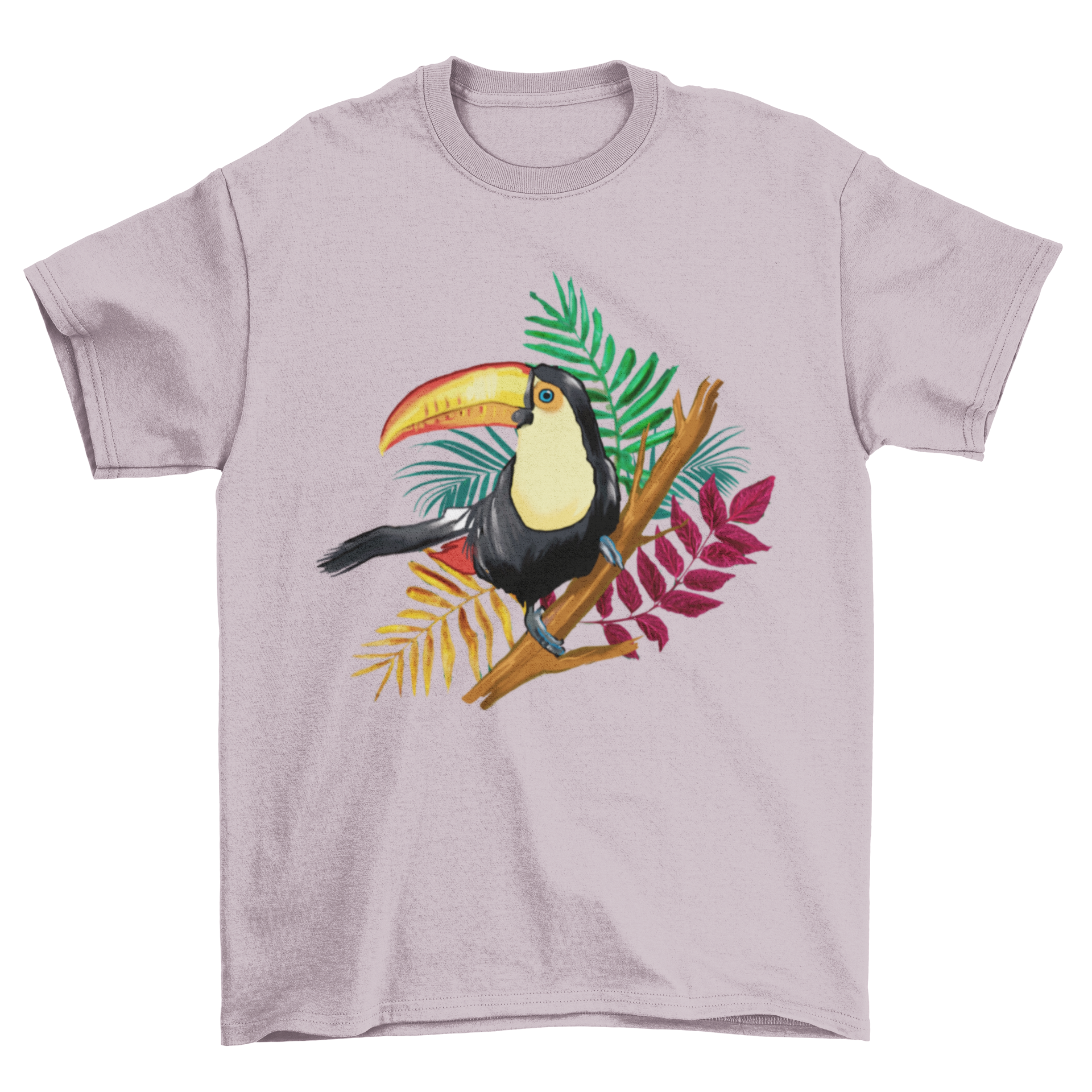 A vibrant t-shirt featuring a colorful toucan bird illustration perched on a branch, showcasing tropical fashion.