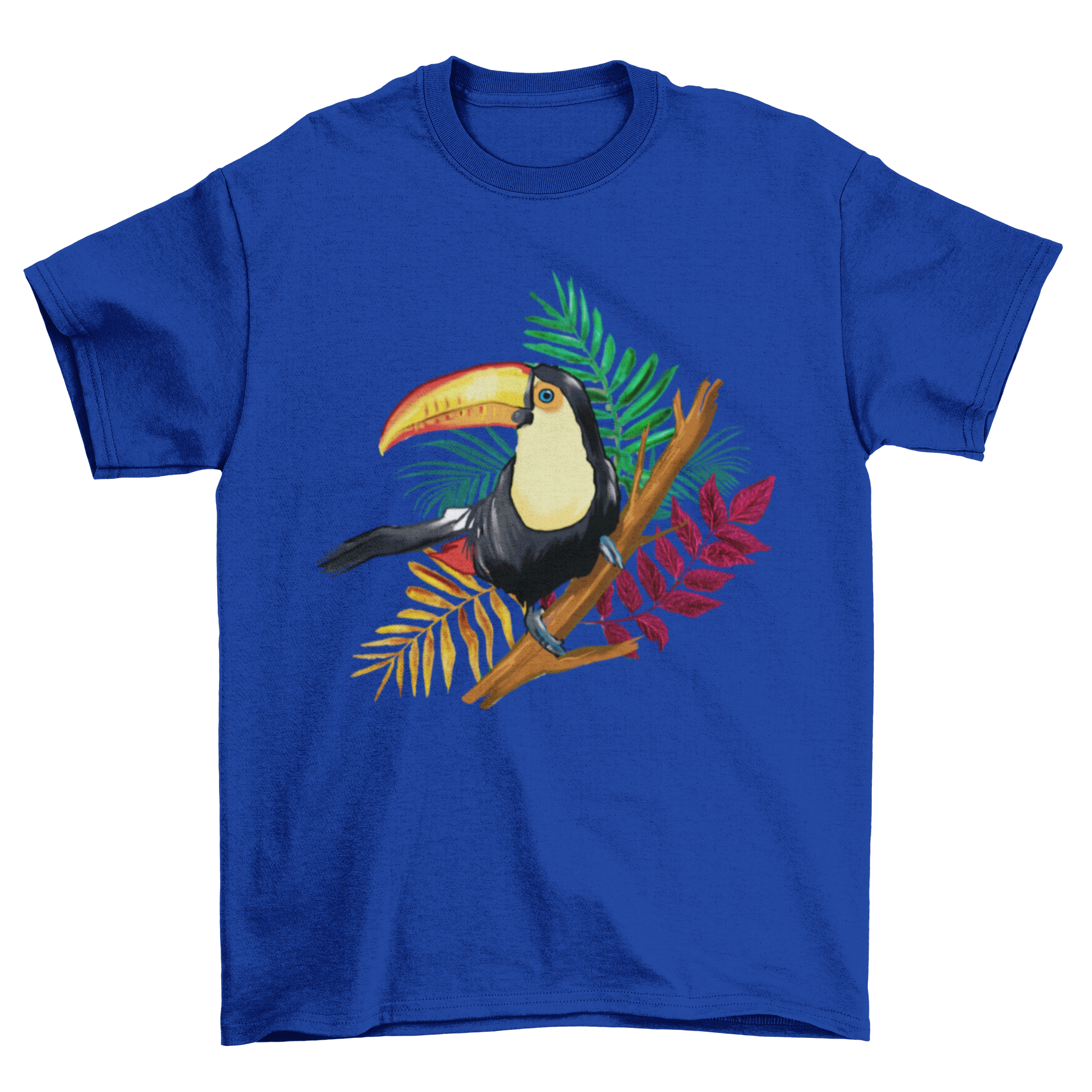 A vibrant t-shirt featuring a colorful toucan bird illustration perched on a branch, showcasing tropical fashion.