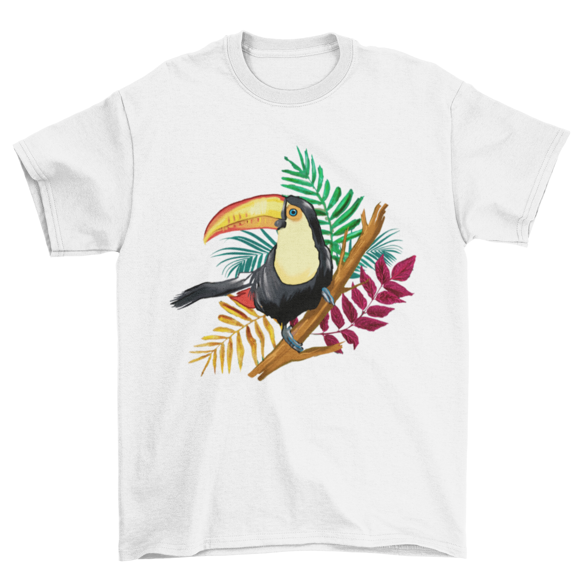 A vibrant t-shirt featuring a colorful toucan bird illustration perched on a branch, showcasing tropical fashion.
