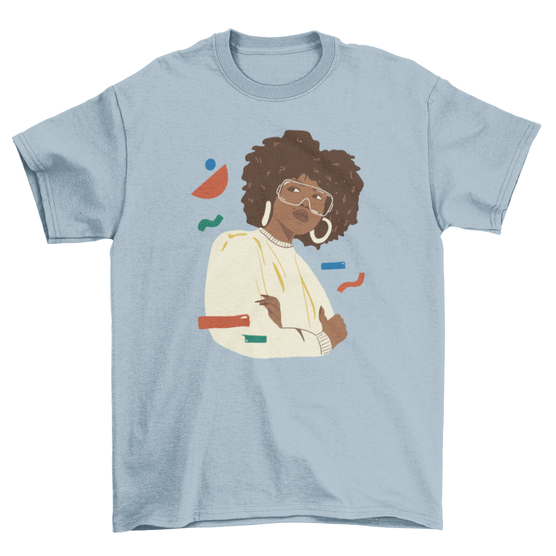 Stylish girl t-shirt featuring a beautiful girl design surrounded by geometric shapes, perfect for casual wear.