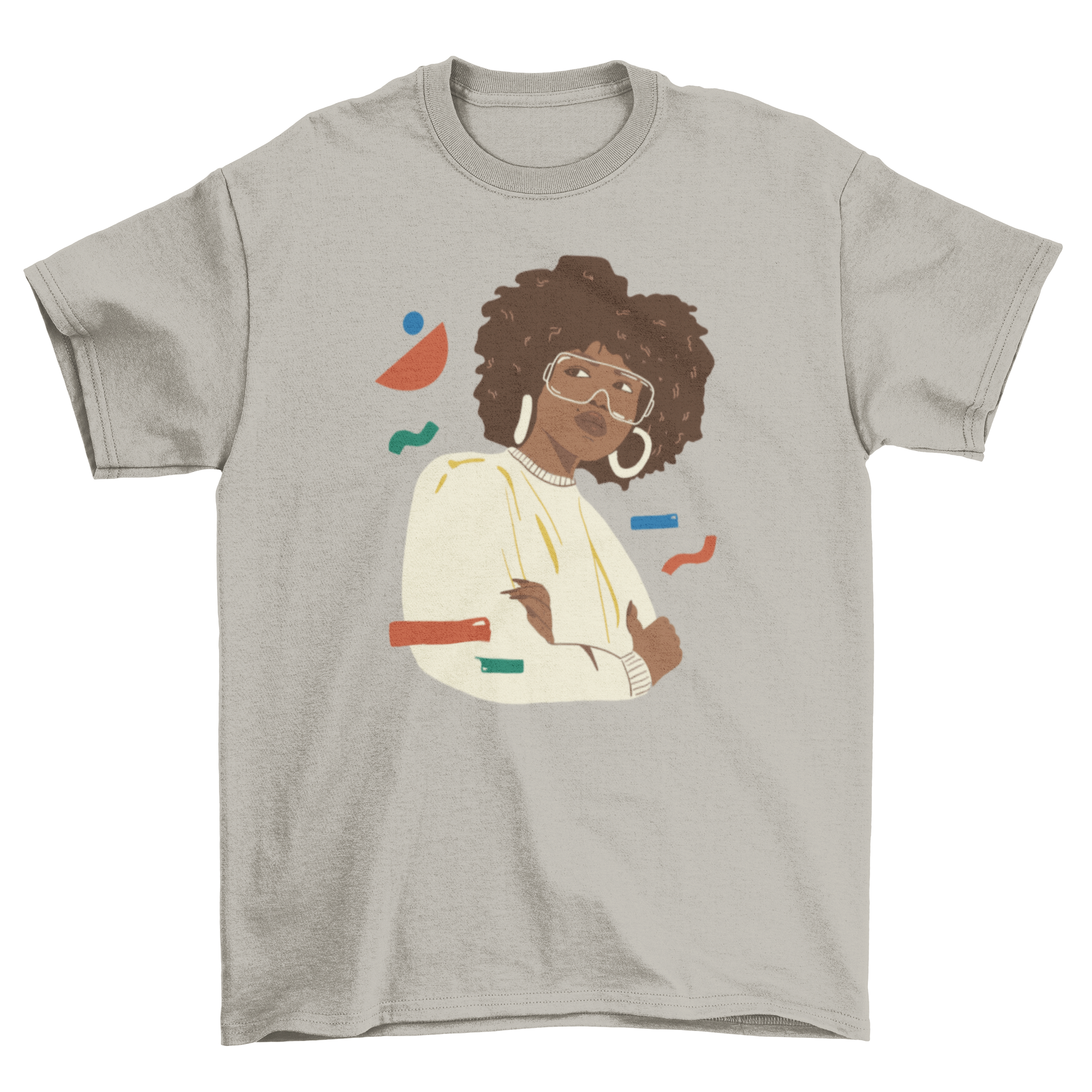 Stylish girl t-shirt featuring a beautiful girl design surrounded by geometric shapes, perfect for casual wear.