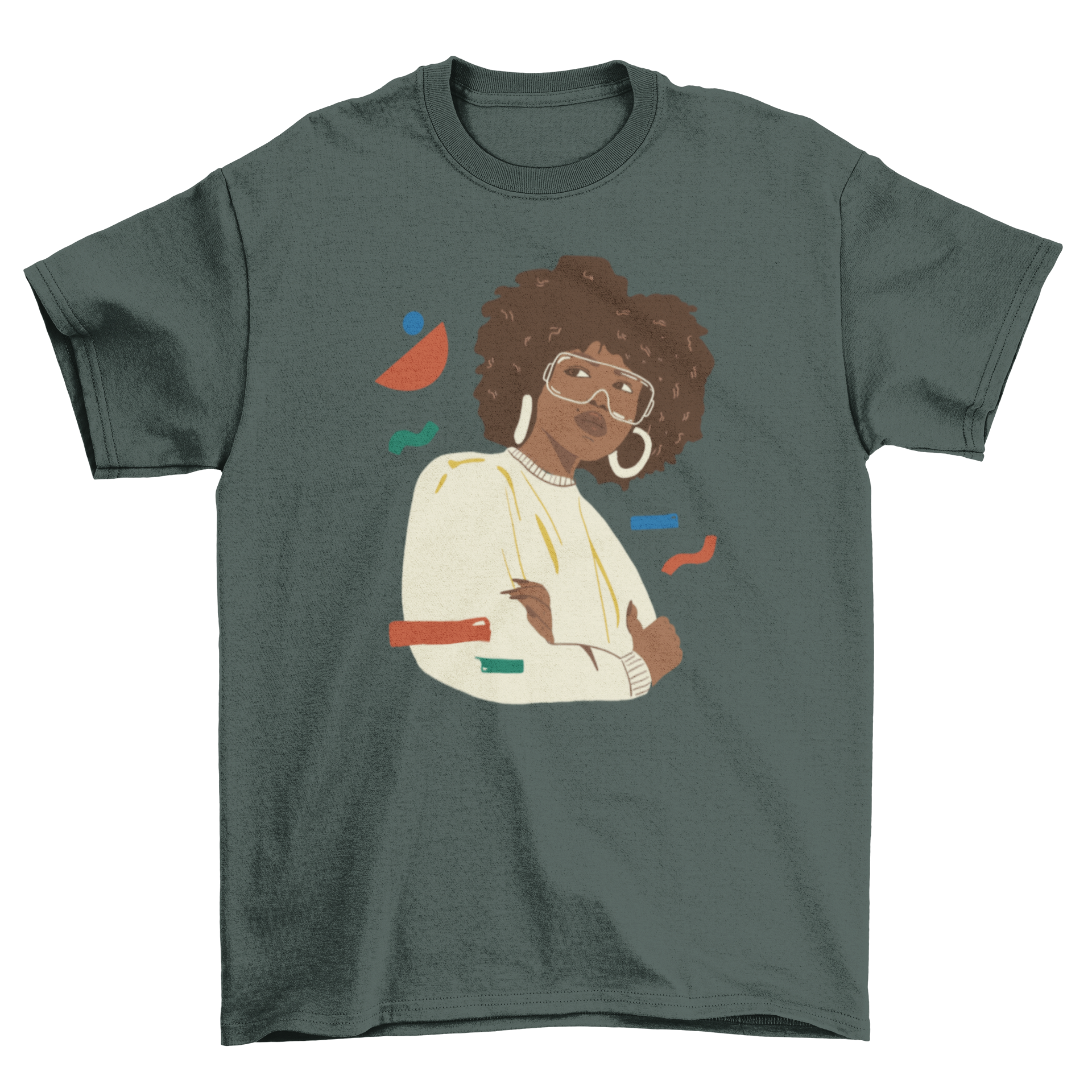 Stylish girl t-shirt featuring a beautiful girl design surrounded by geometric shapes, perfect for casual wear.